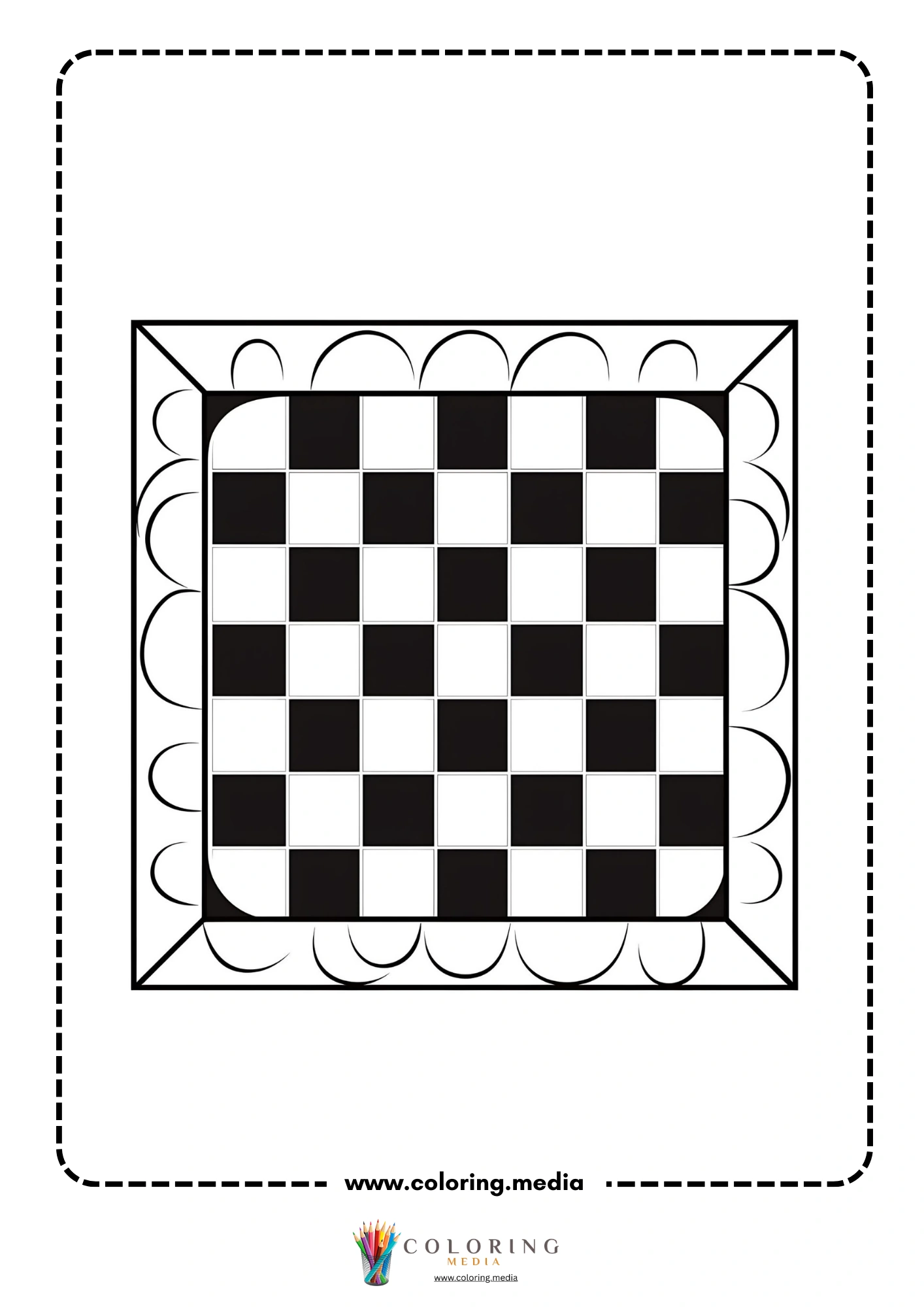 Easy checkerboard pattern coloring page with scalloped border