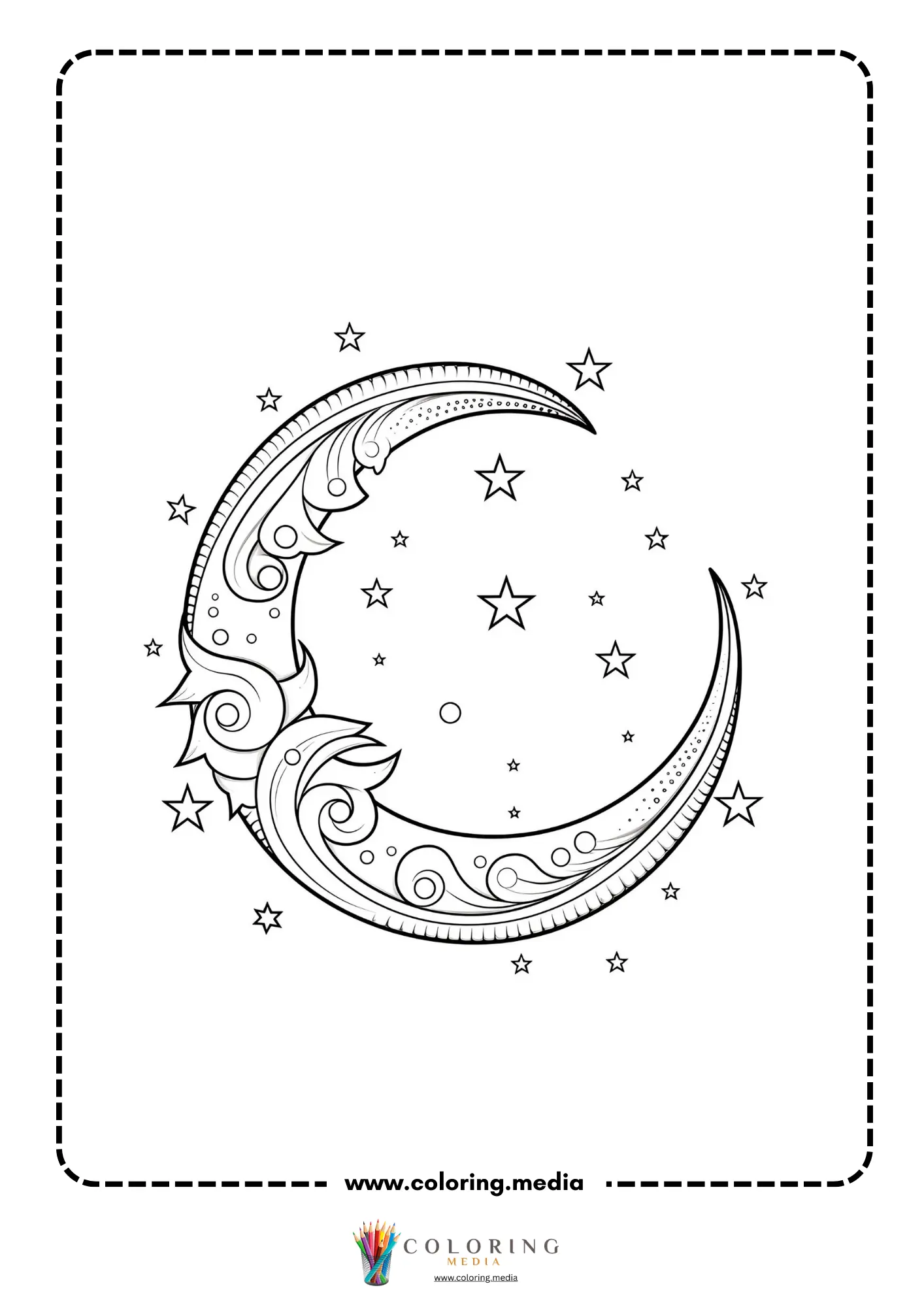Easy crescent moon and stars pattern coloring page