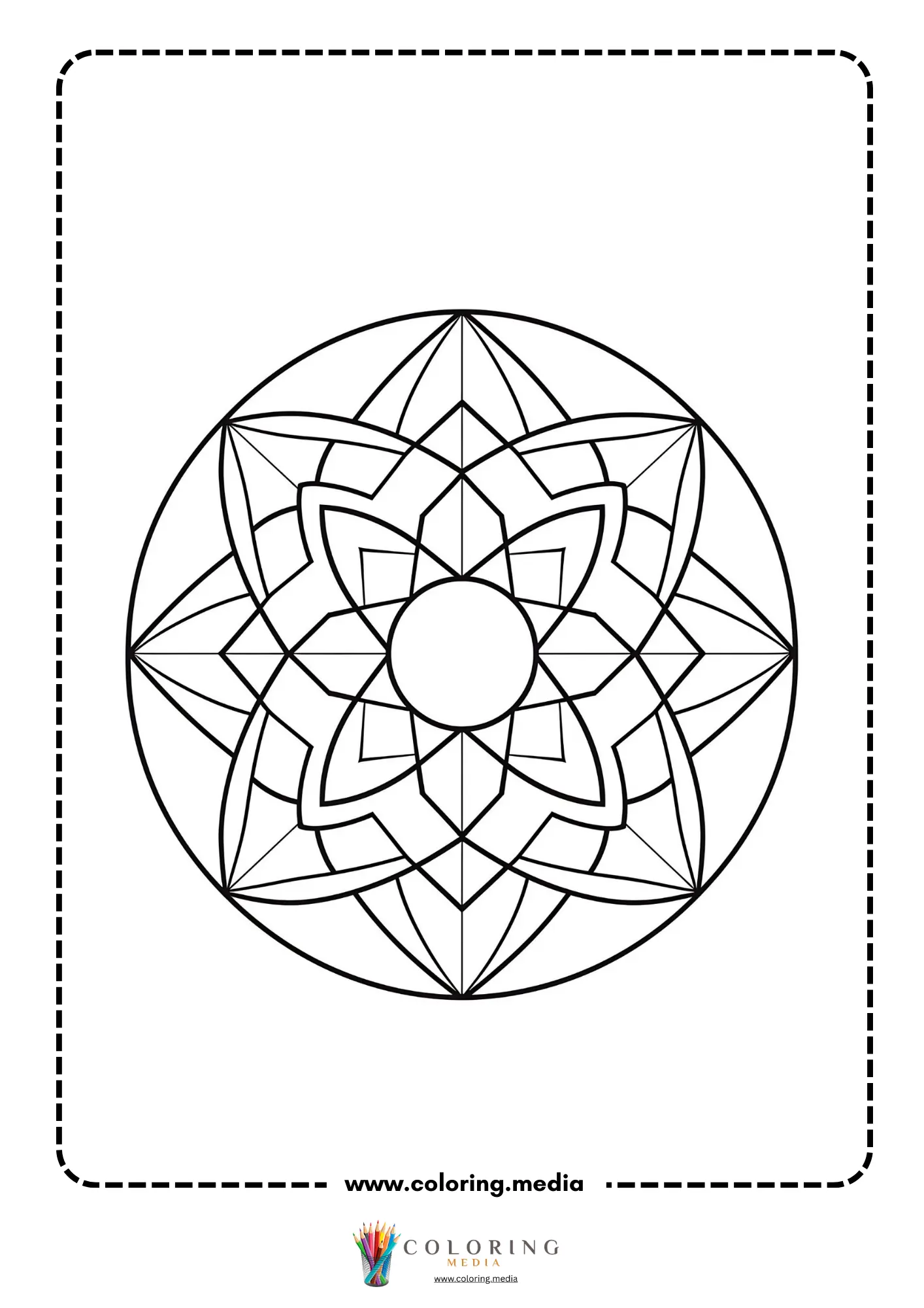 Easy round mandala pattern coloring page with pointed petals