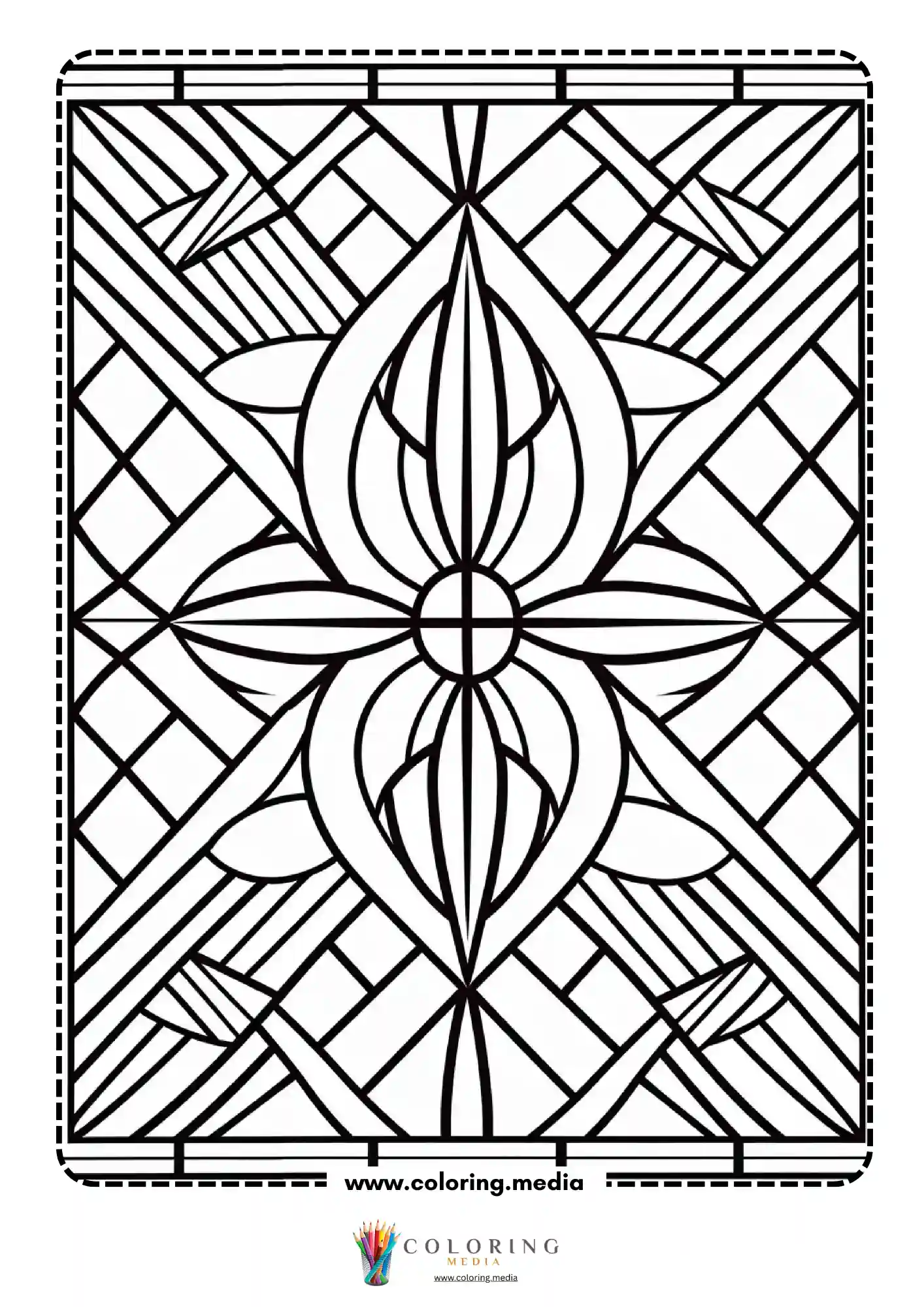 Geometric pattern coloring page with central floral diamond motif