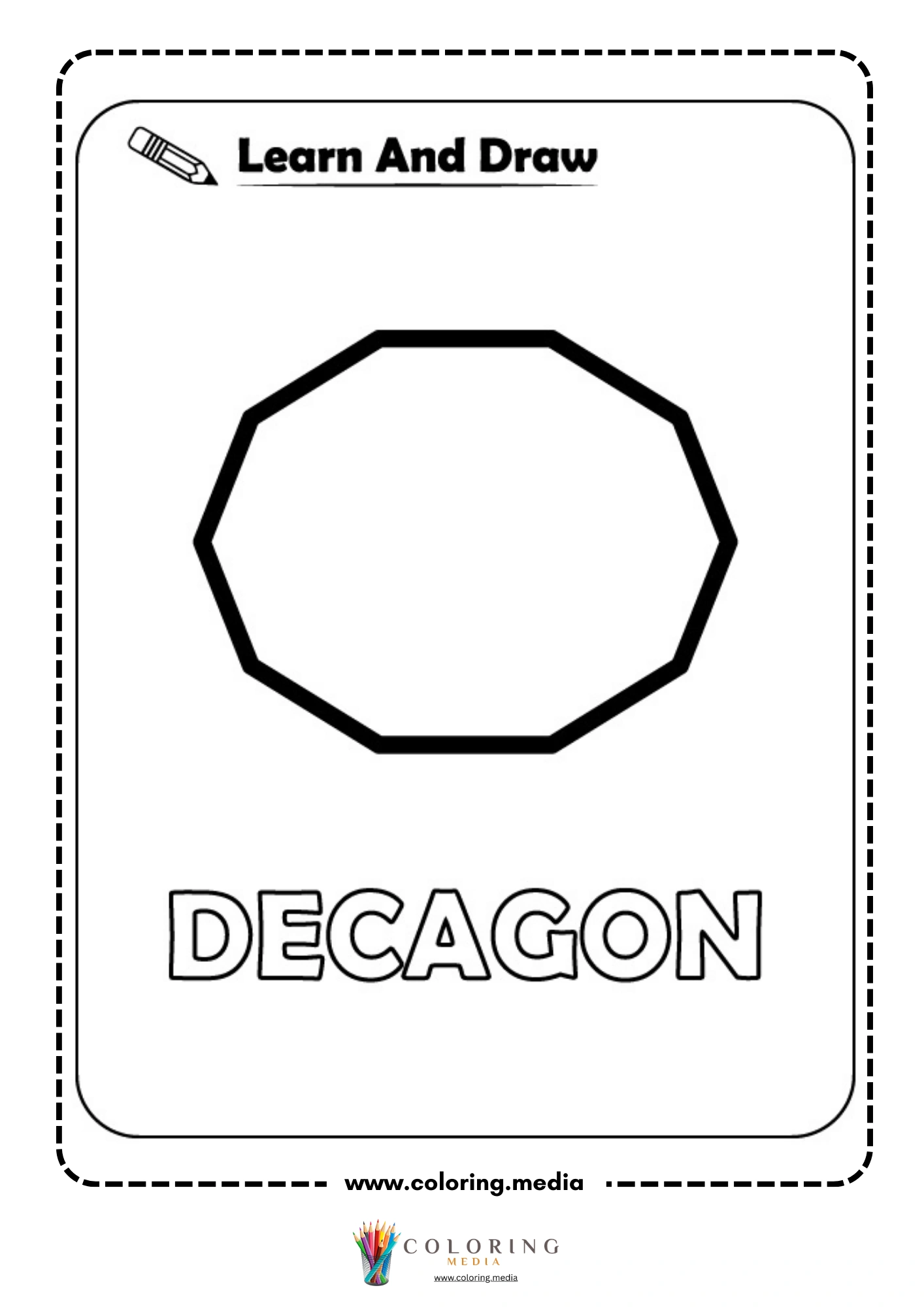 Learn and draw decagon shape activity coloring page