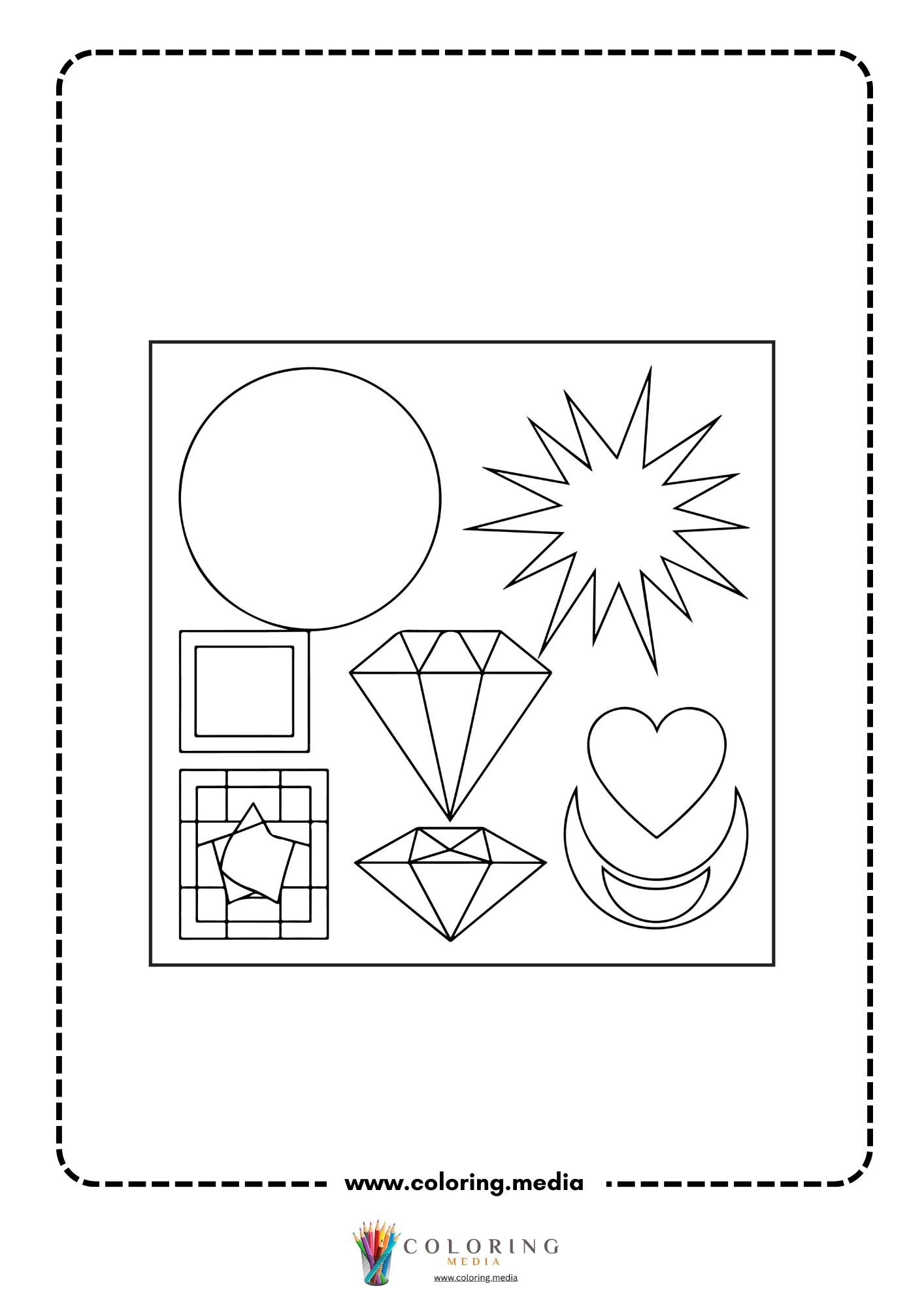 Multi-shapes coloring page with circle starburst diamonds heart and crescent