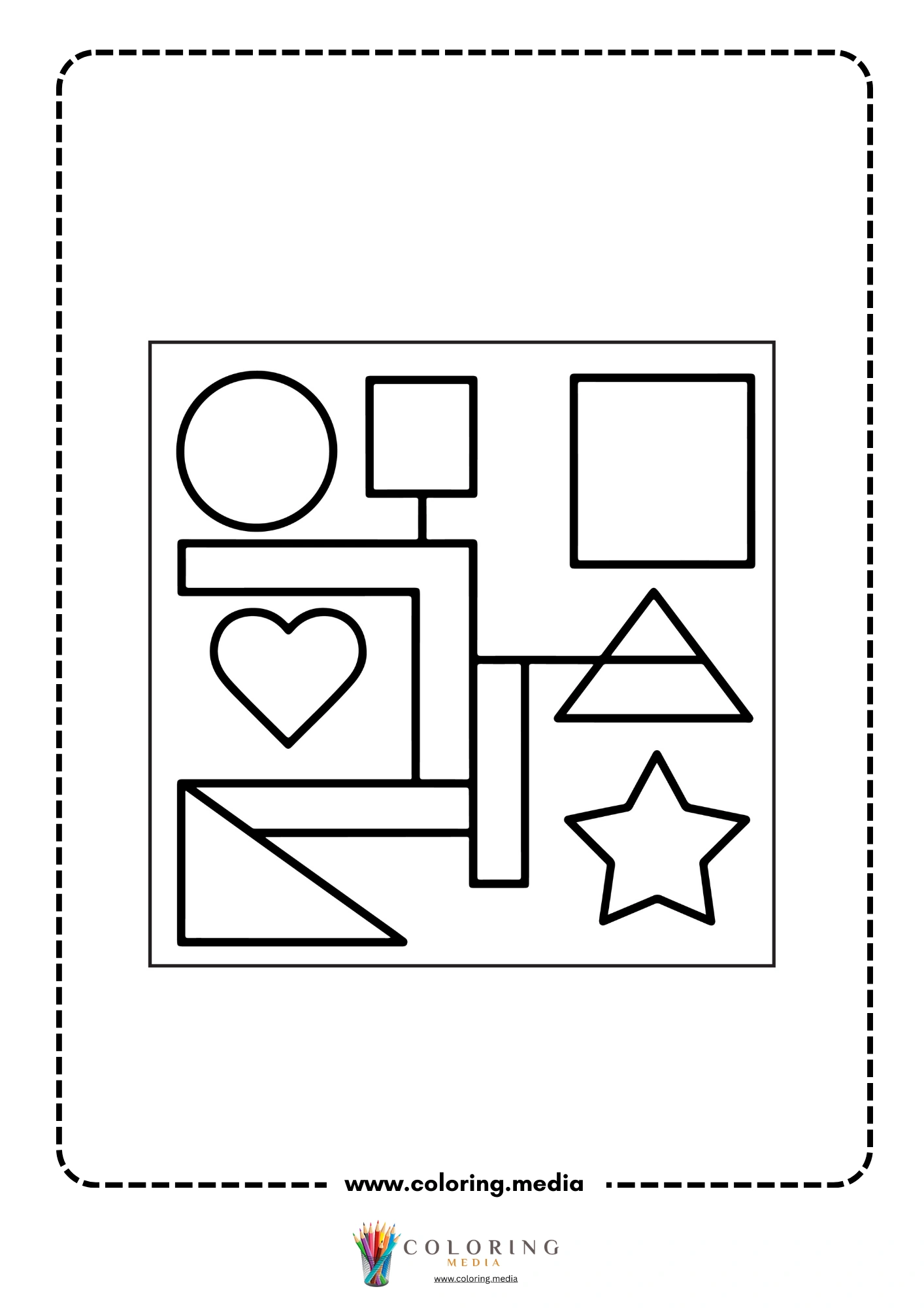 Multi-shapes coloring page with circle squares triangle heart and star