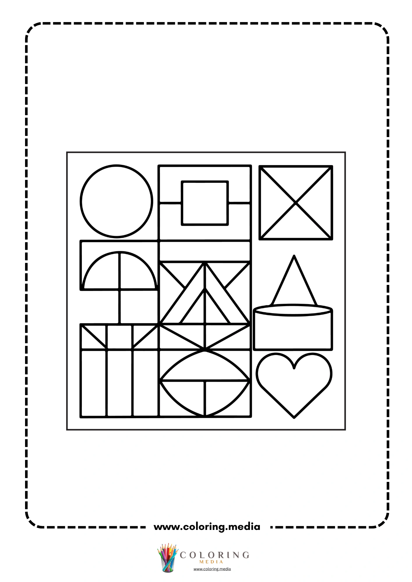 Multi-shapes coloring page with geometric blocks and simple shapes