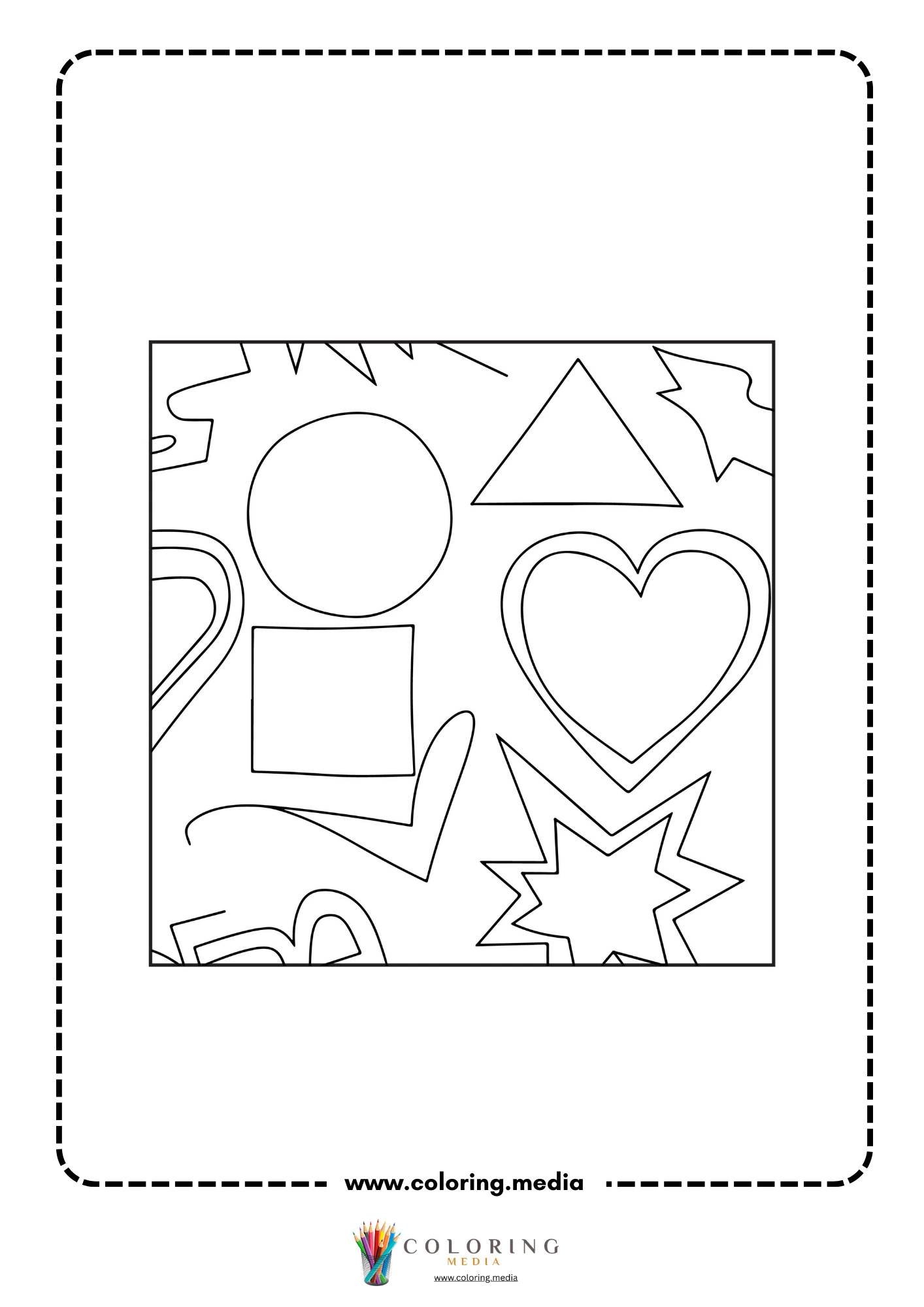 Multi-shapes coloring page with overlapping circle square heart triangle and star