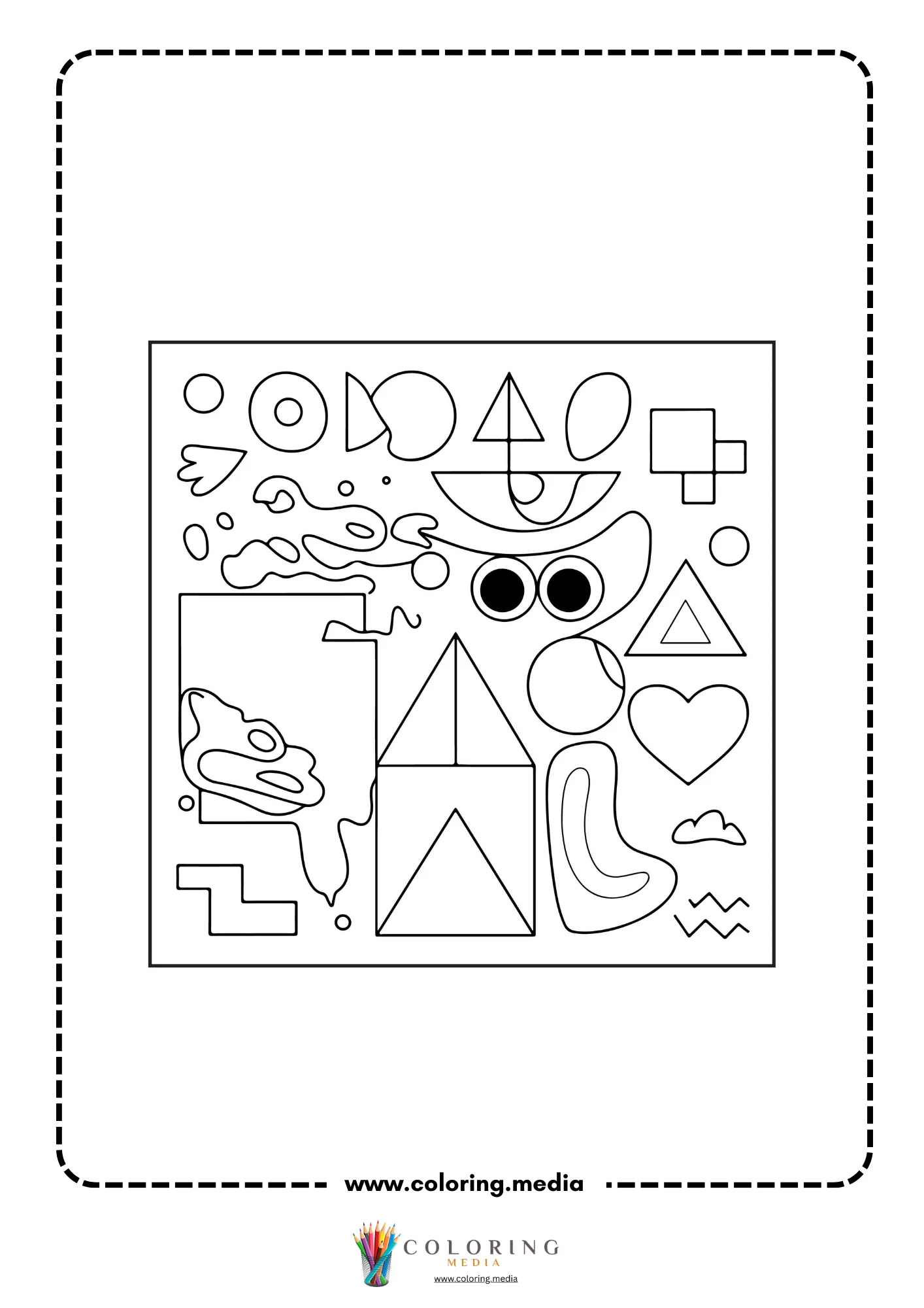 Multi-shapes coloring page with large circle triangle heart square and star