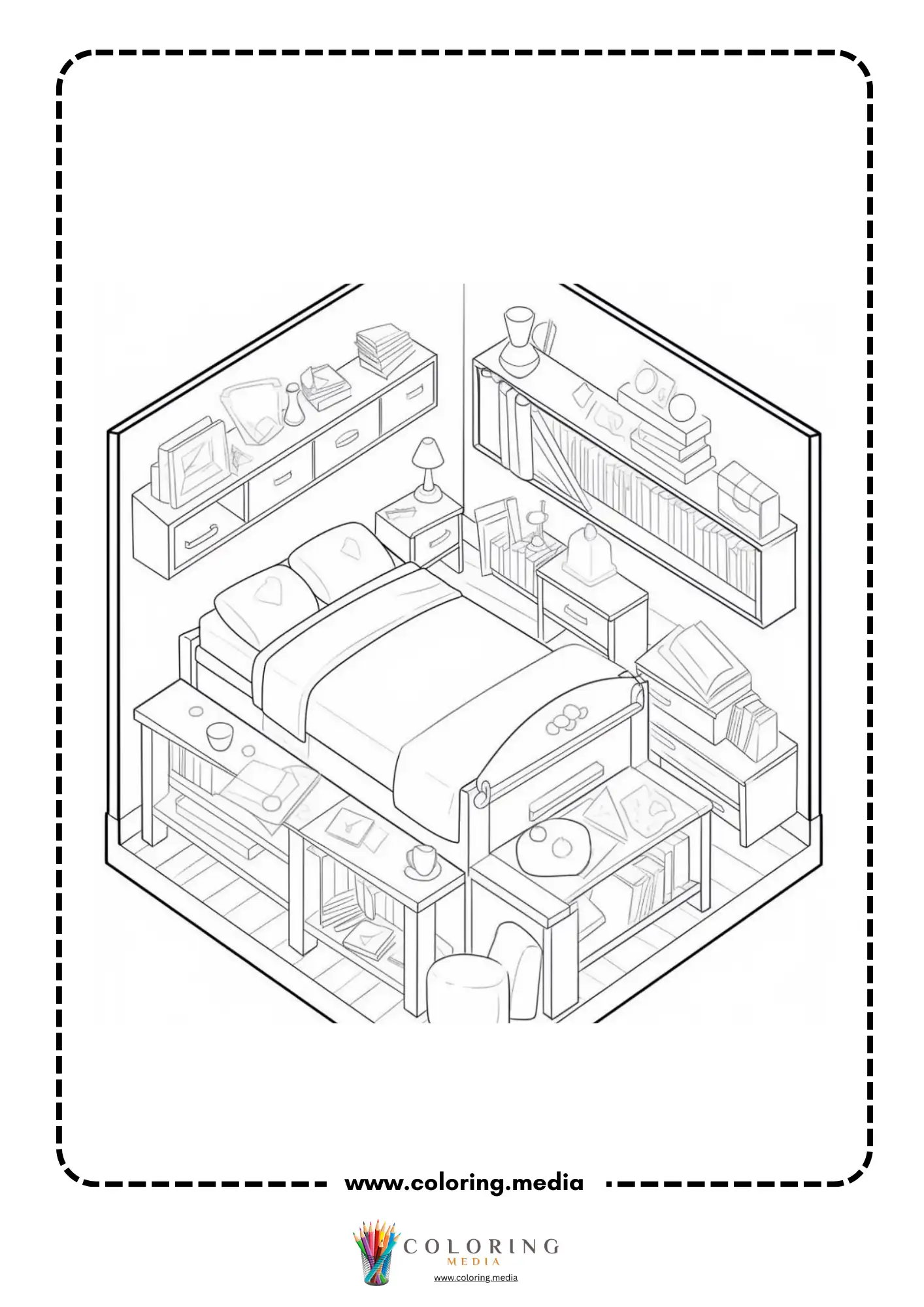 Pocket bedrooms coloring page with cozy bed shelves books and desk