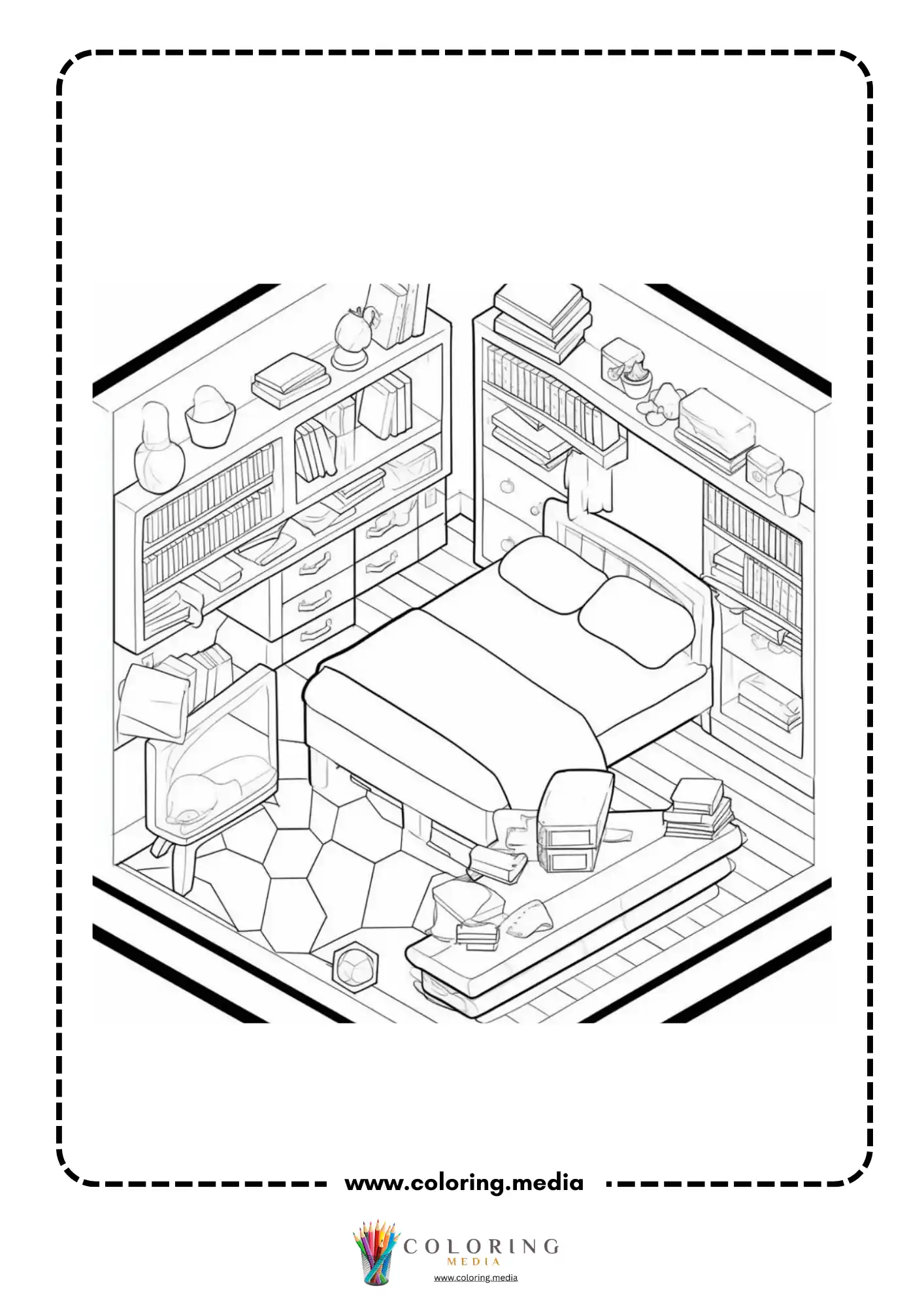 Pocket bedrooms coloring page with bed book shelves pillows and patterned floor