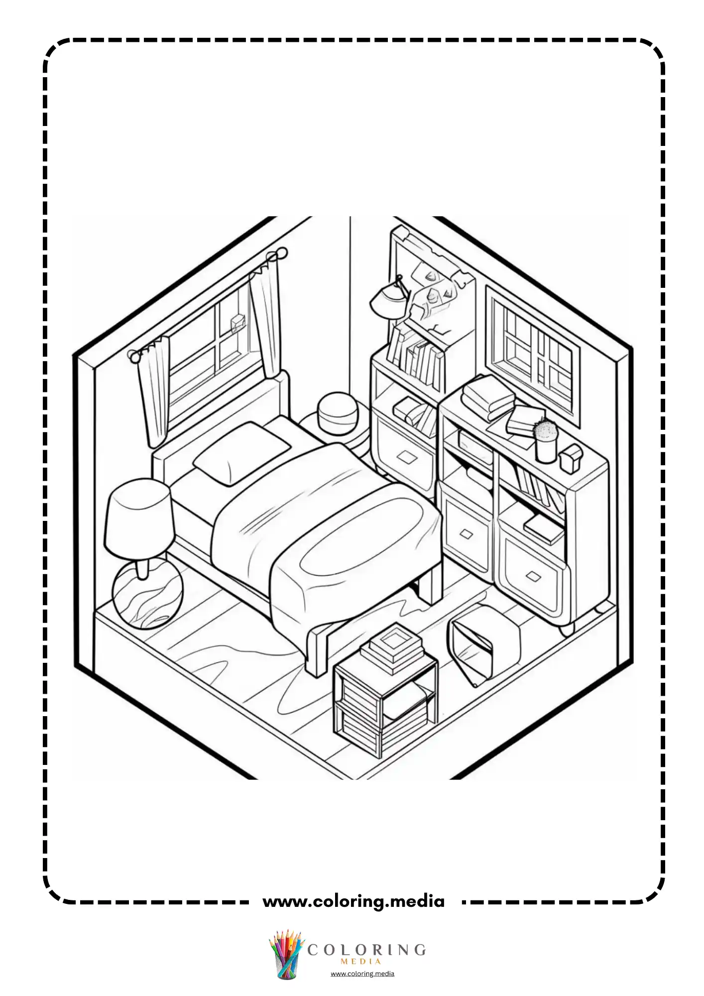 Pocket bedrooms coloring page with cozy room bed drawers books and decor