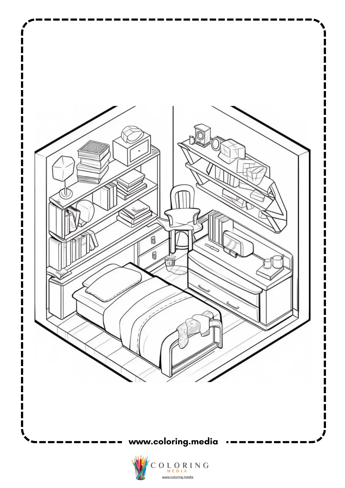 Pocket bedrooms coloring page with compact bed desk shelves and plants