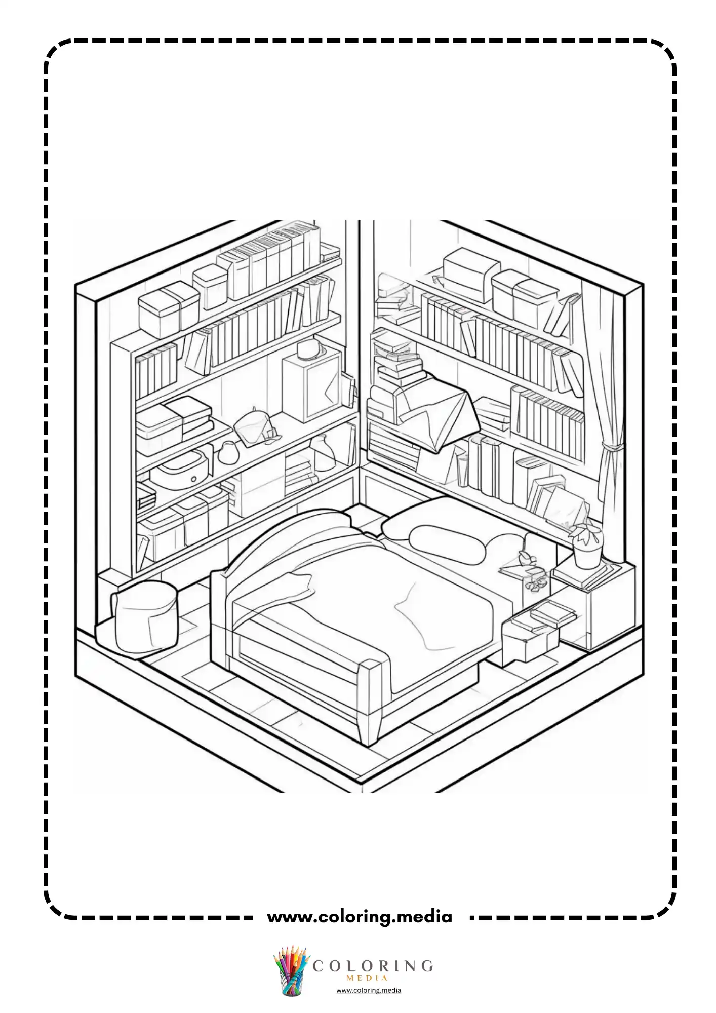 Pocket bedrooms coloring page with isometric bed bookcases and bedside table