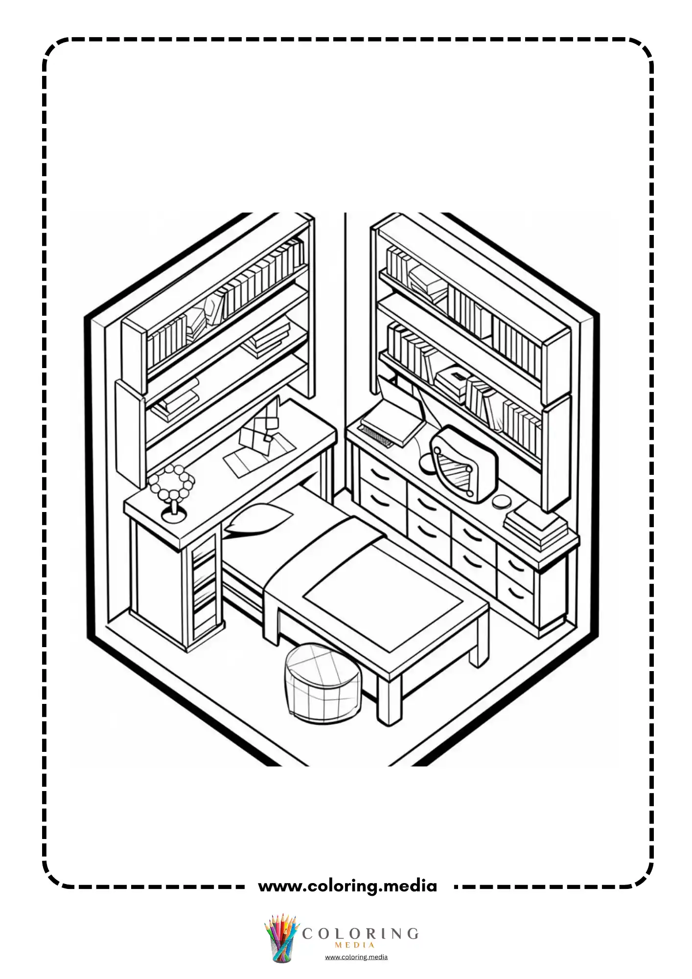 Pocket bedrooms coloring page with tidy bedroom shelves lamp and pillows
