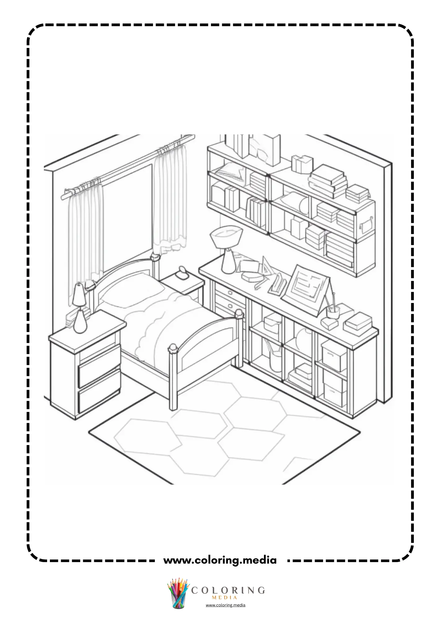 Pocket bedrooms coloring page with miniature bedroom bed books and storage