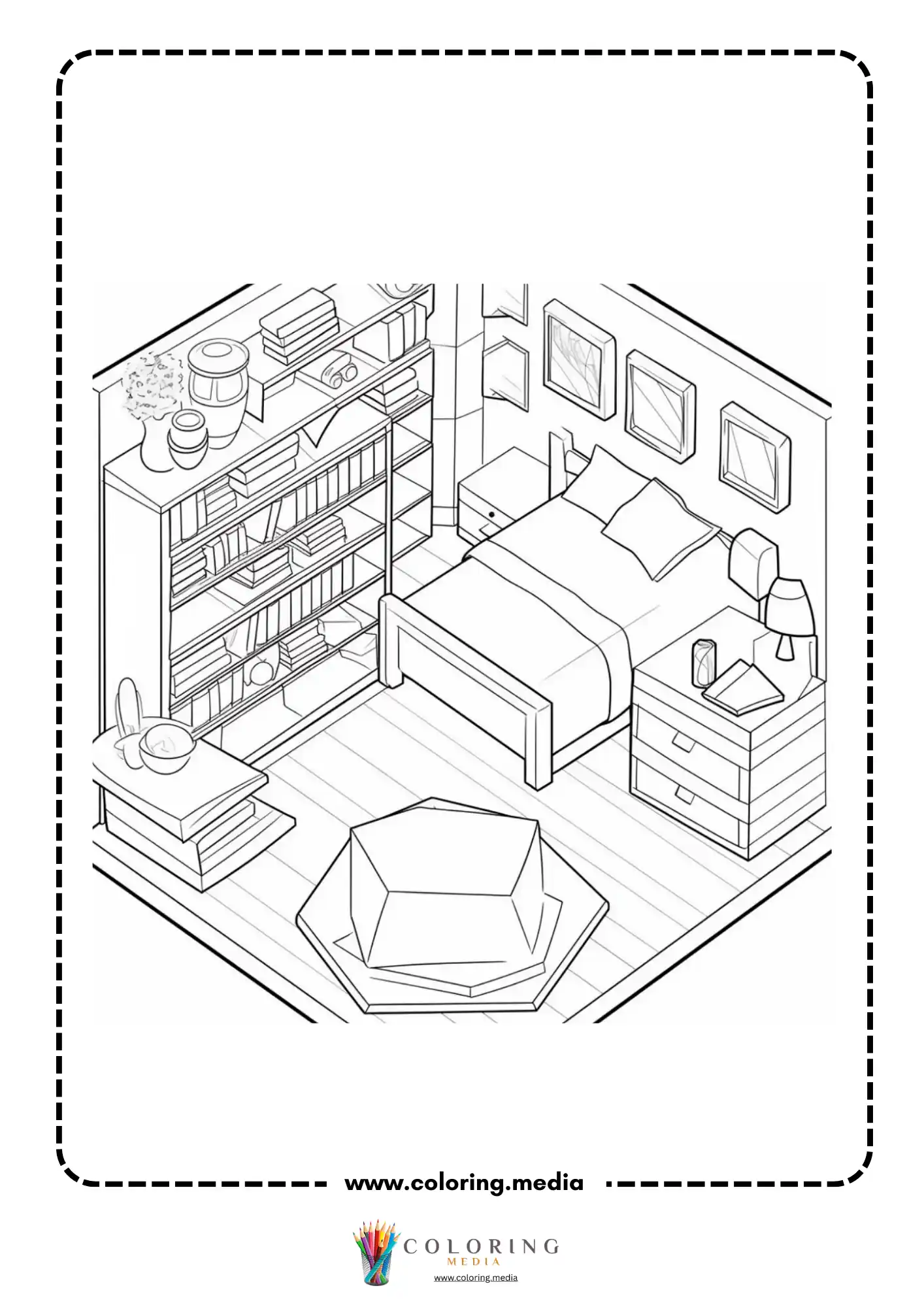 Pocket bedrooms coloring page with bed study nook shelves and decorations