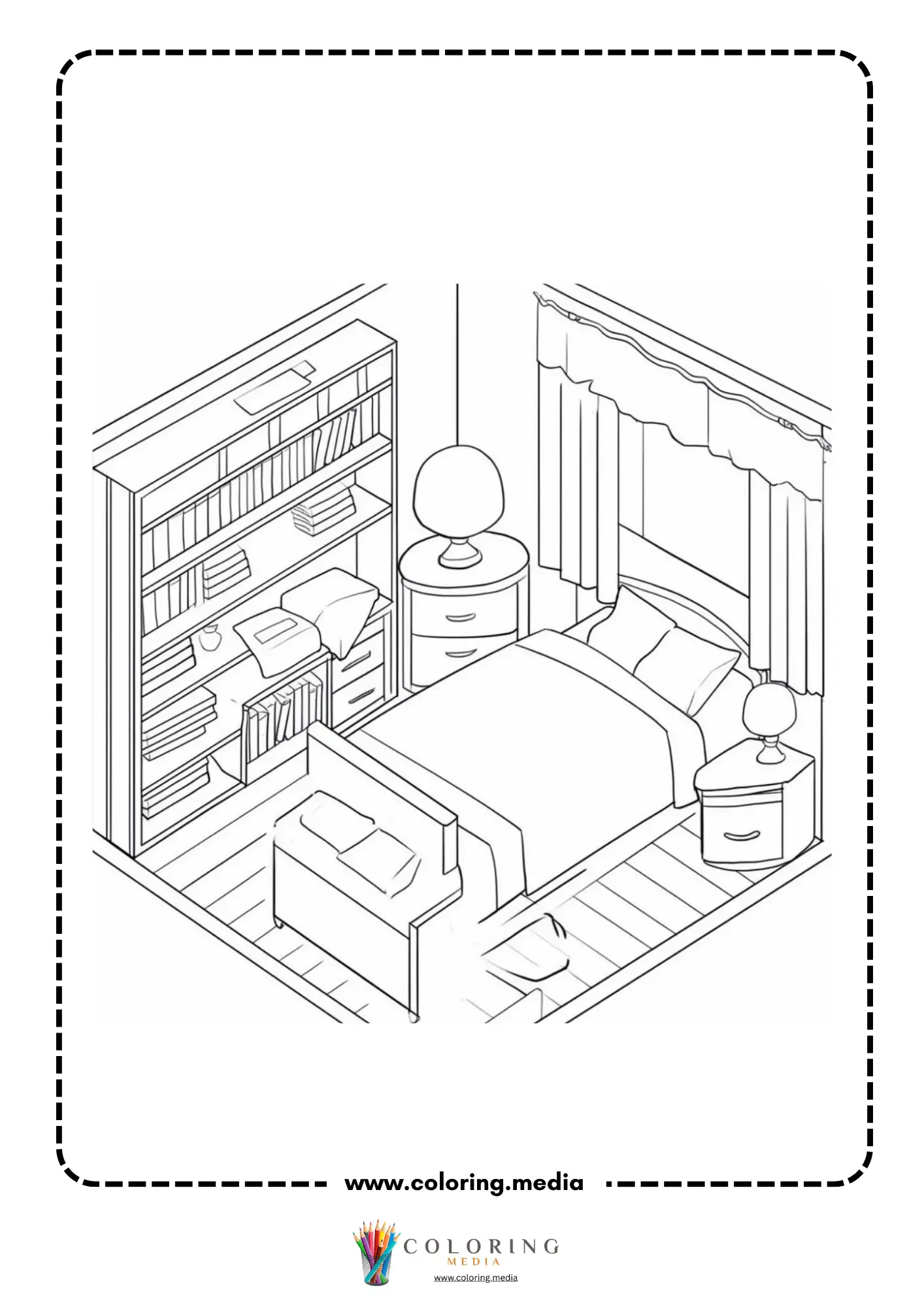 Pocket bedrooms coloring page with cozy bed wall shelves and nightstand