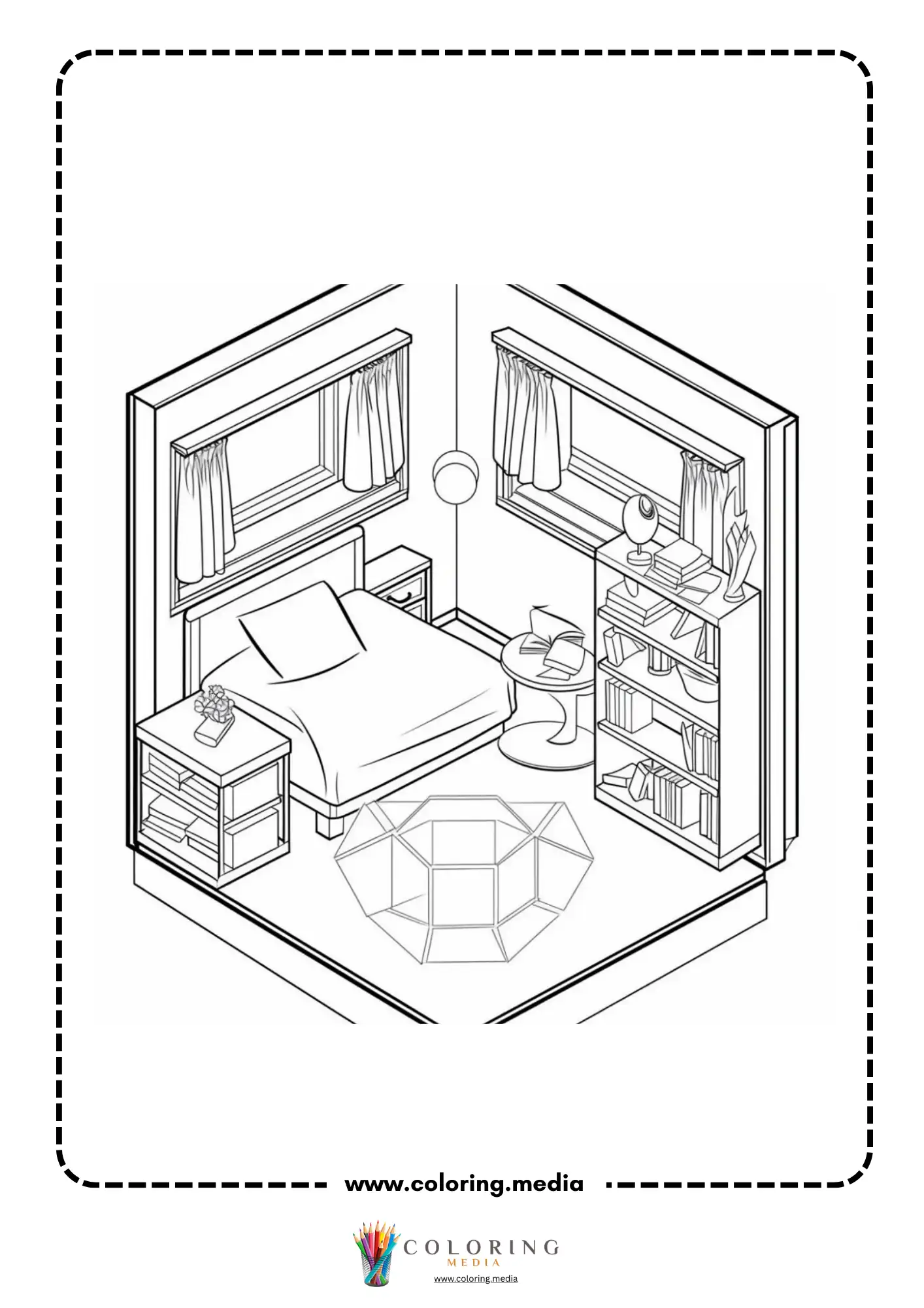 Pocket bedrooms coloring page with pocket room bed books plants and decor