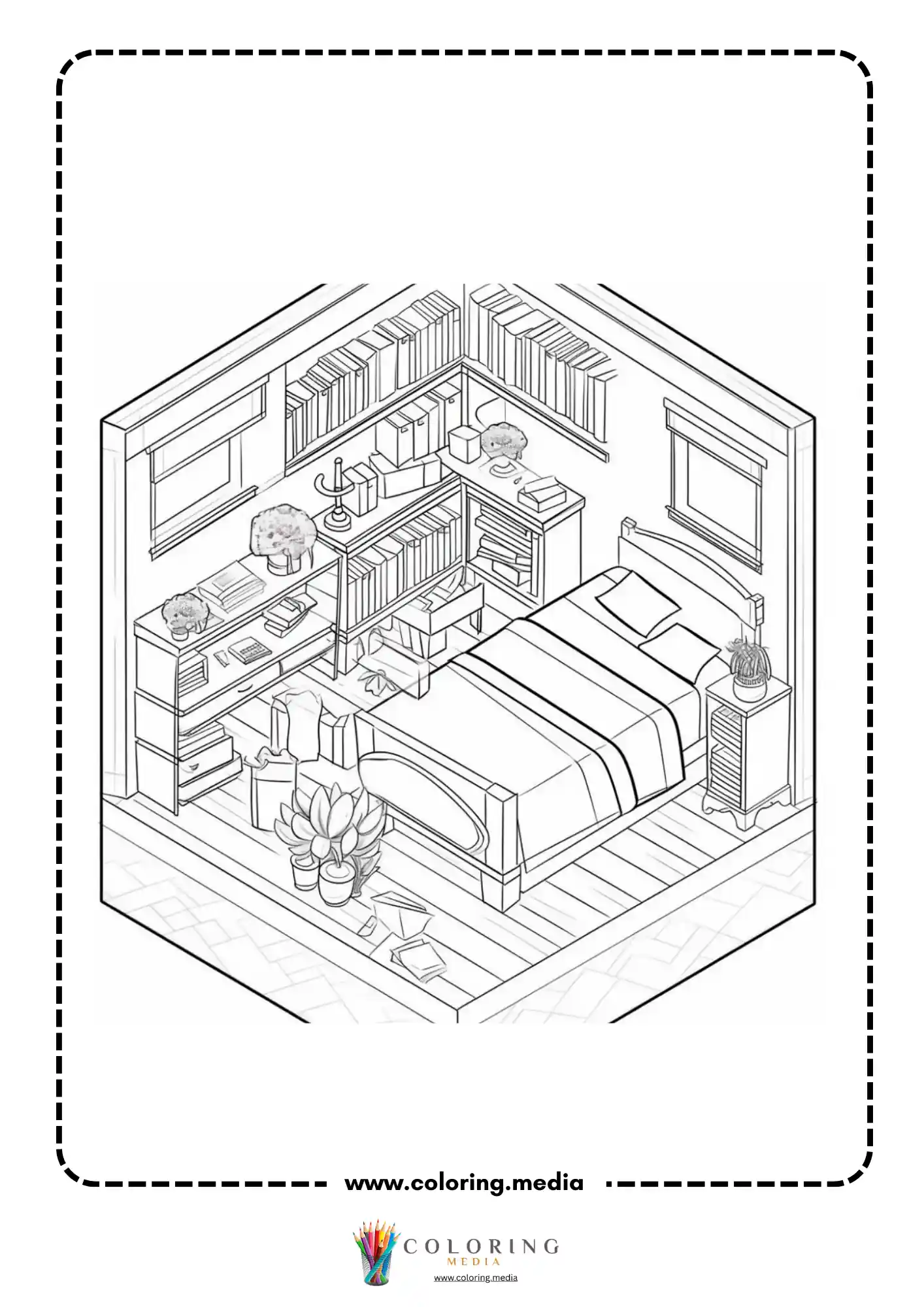 Pocket bedrooms coloring page with bed bookcases plants and study chair