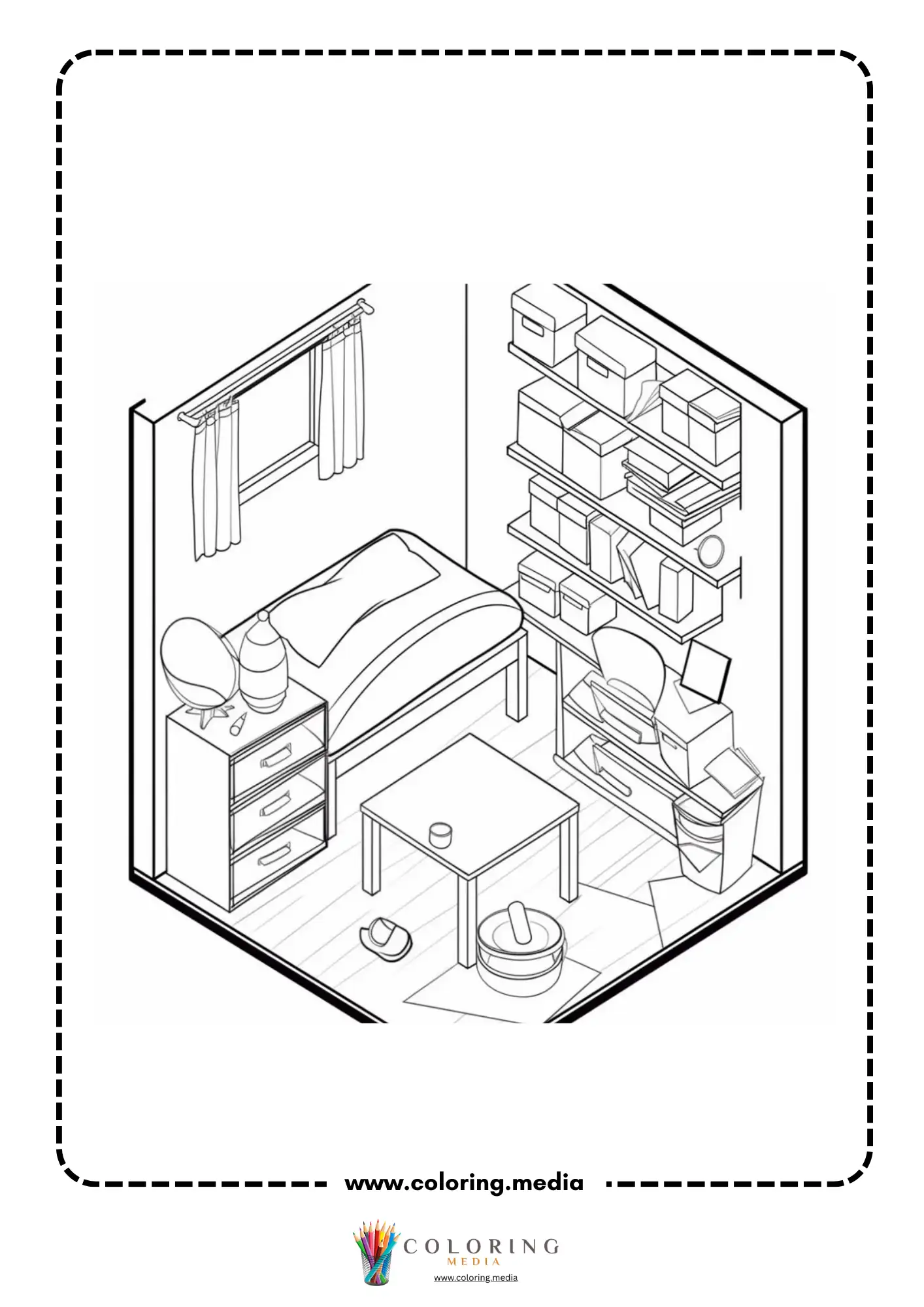 Pocket bedrooms coloring page with isometric cozy bedroom and bookshelf wall
