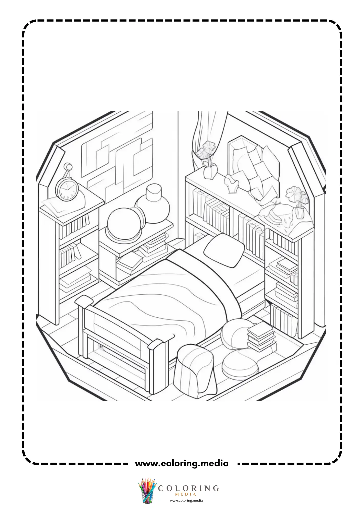 Pocket bedrooms coloring page with bed bookshelves clock vases and pillows