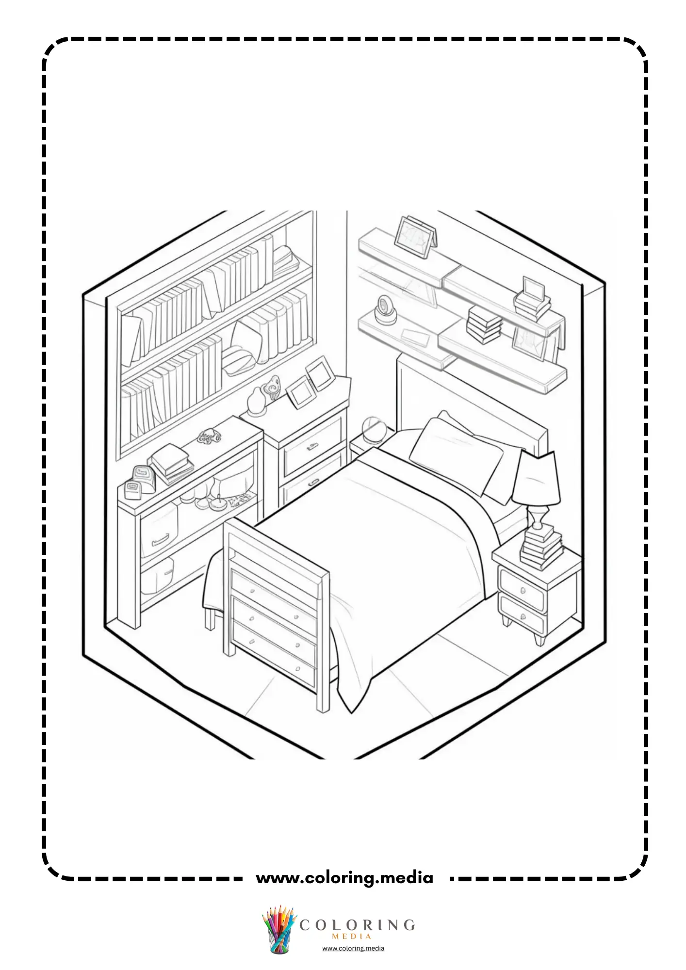 Pocket bedrooms coloring page with bed wall shelves books lamp and nightstand