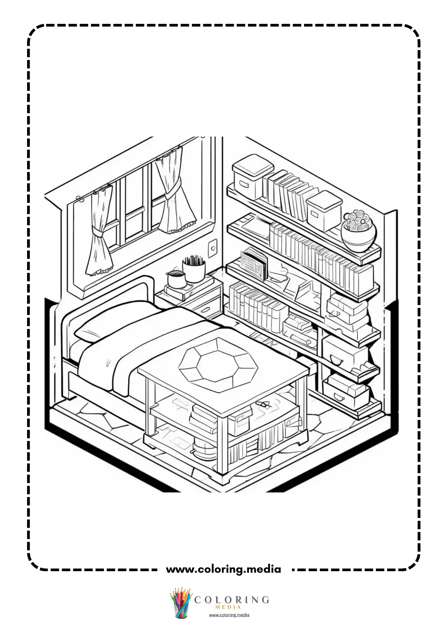 Pocket bedrooms coloring page with compact bedroom bed shelves and decor