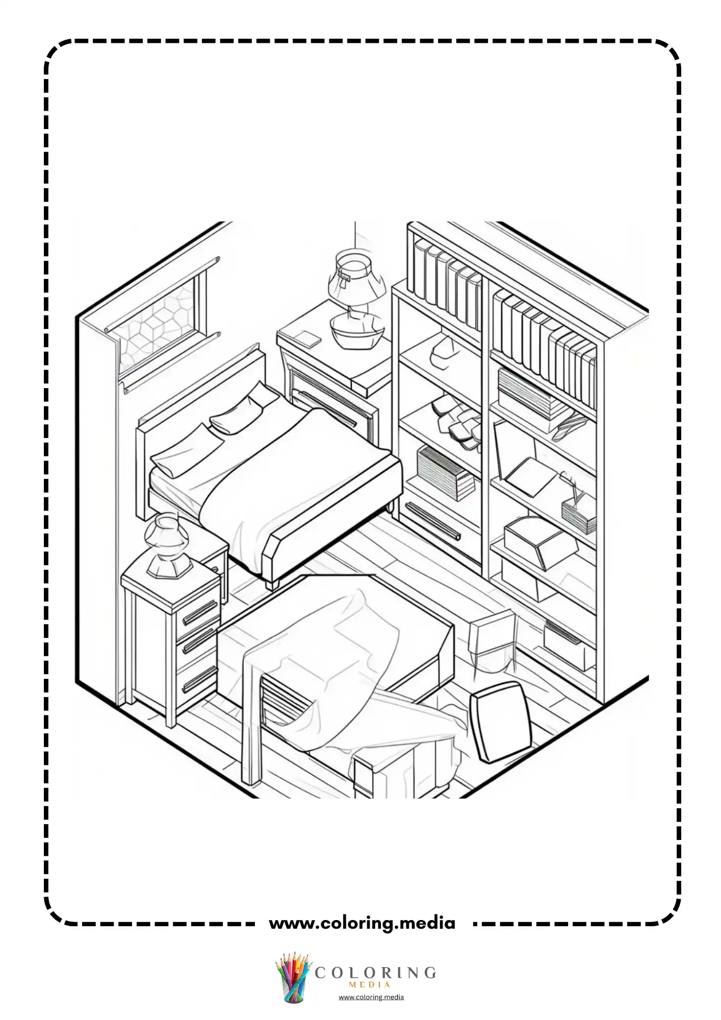 Pocket bedrooms coloring page with tiny room bed bookcases and plants
