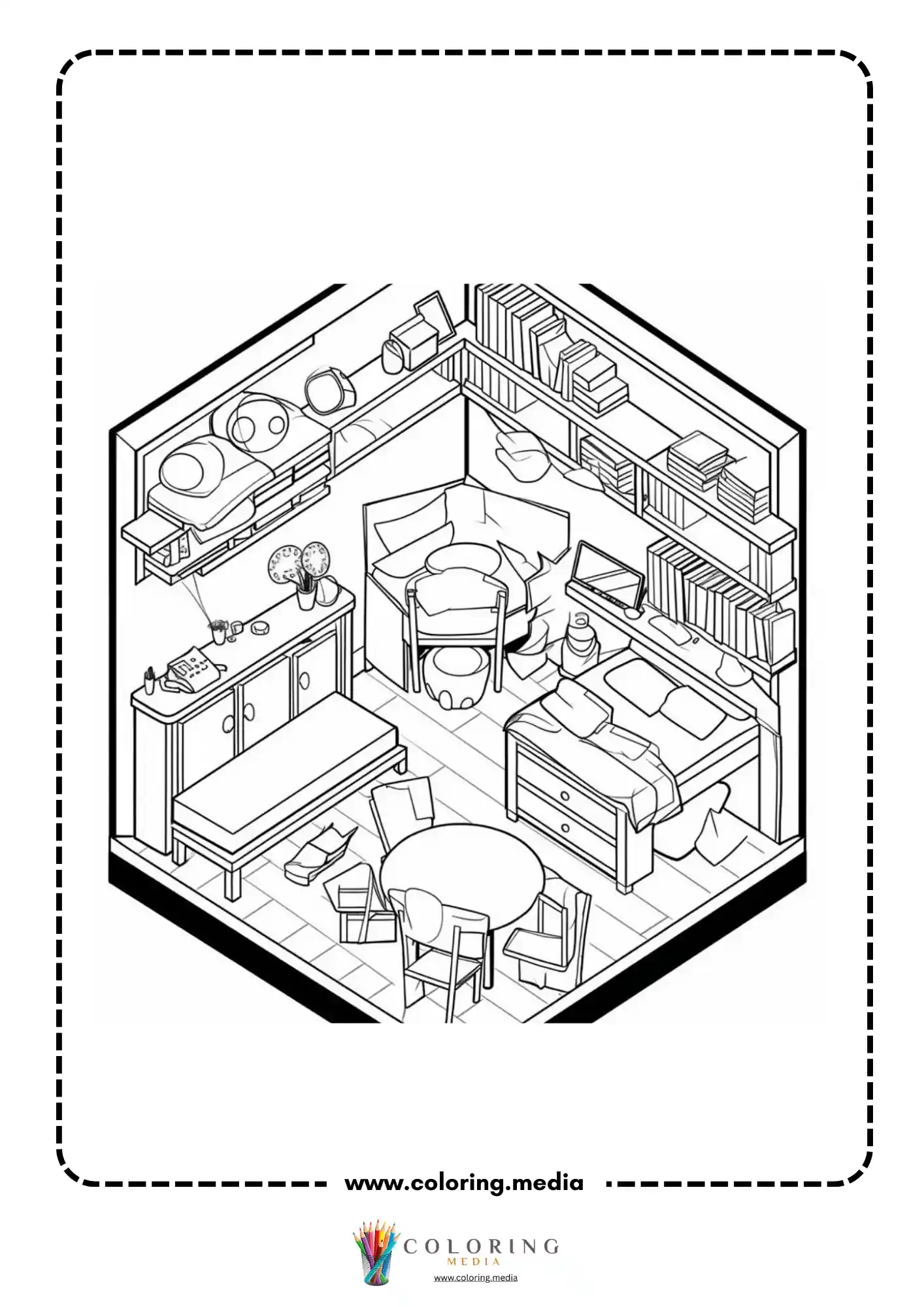 Pocket bedrooms coloring page with isometric bedroom shelves and furniture