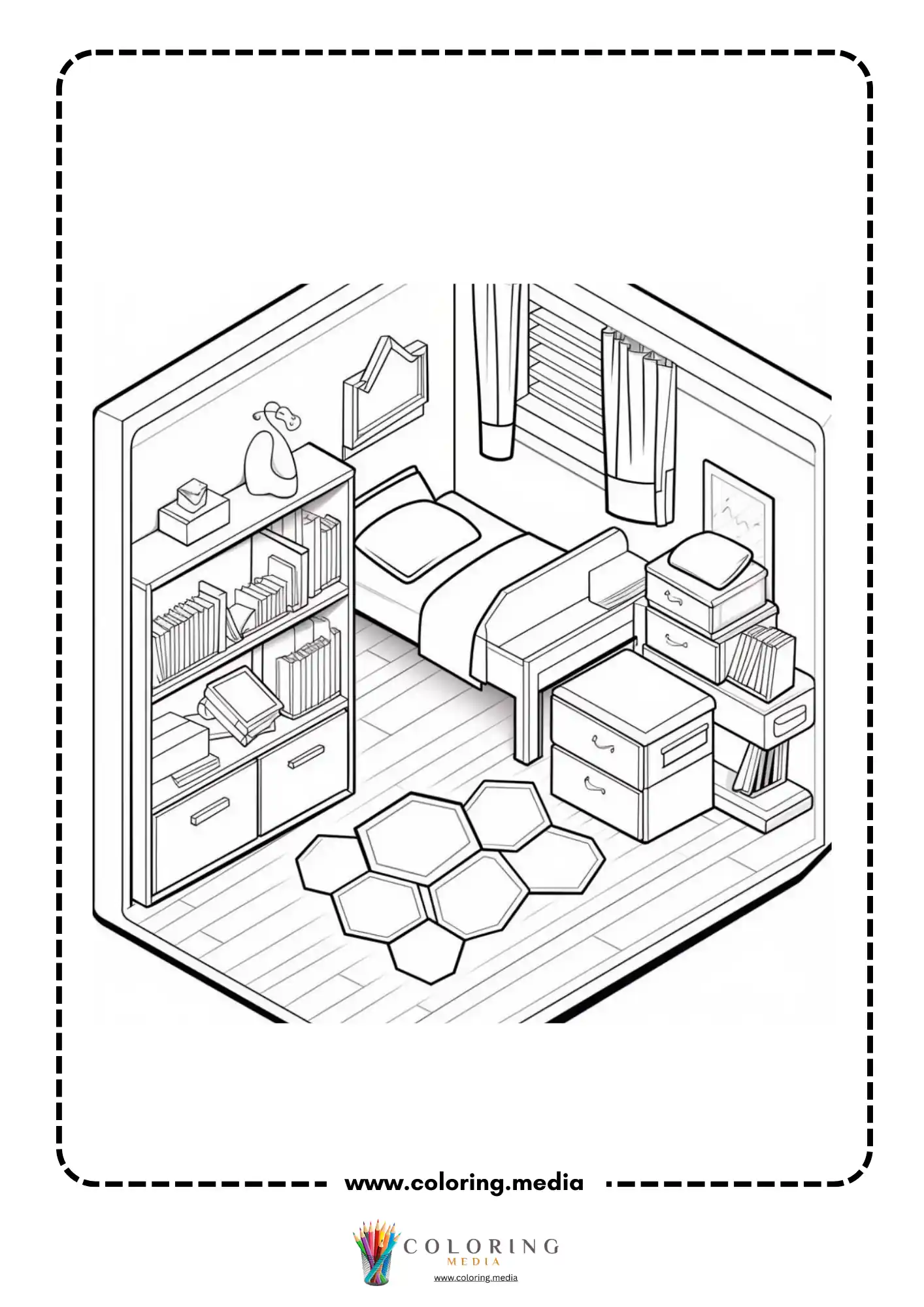 Pocket bedrooms coloring page with snug bed storage shelves and decorations
