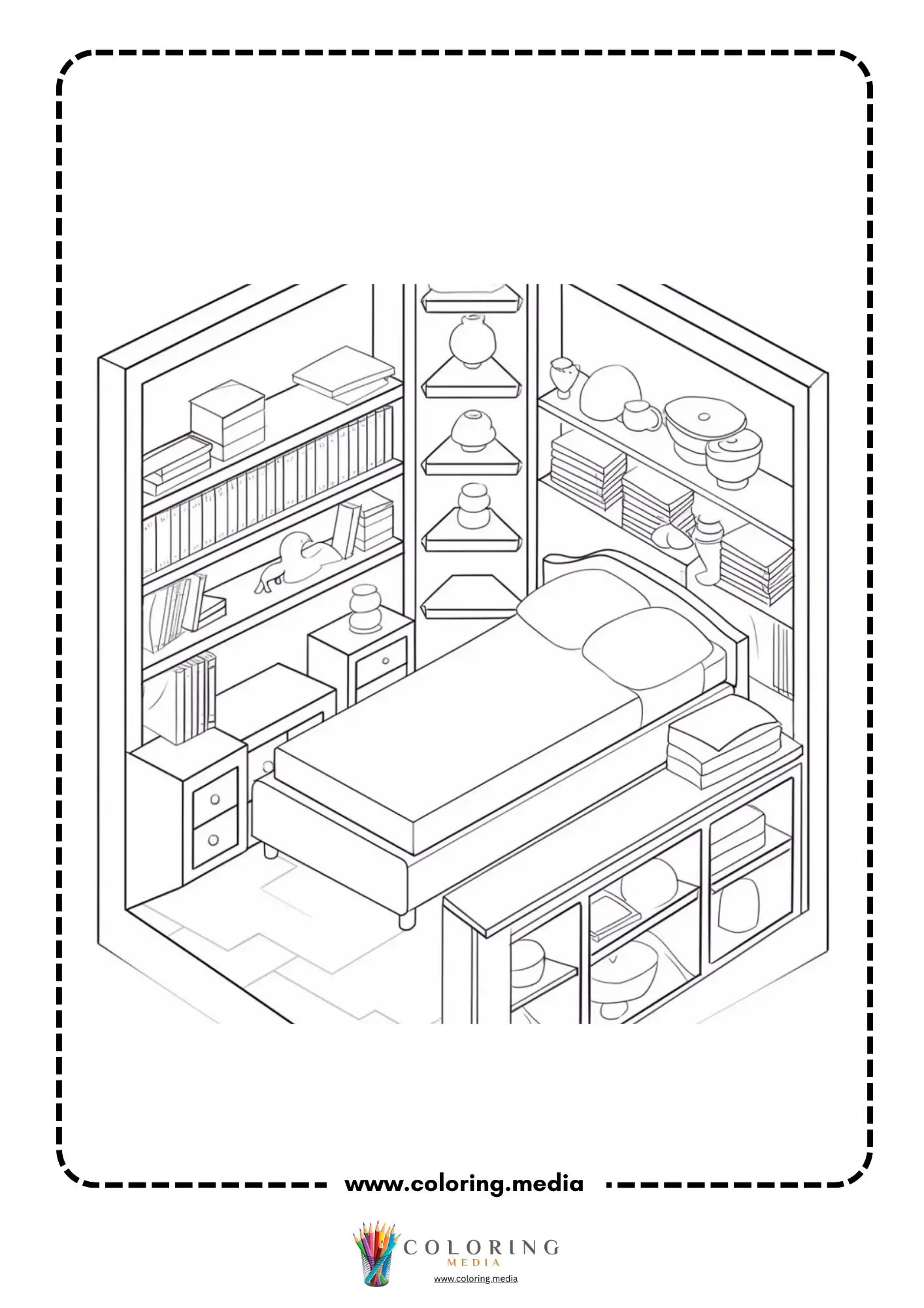 Pocket bedrooms coloring page with small bedroom books desk and window