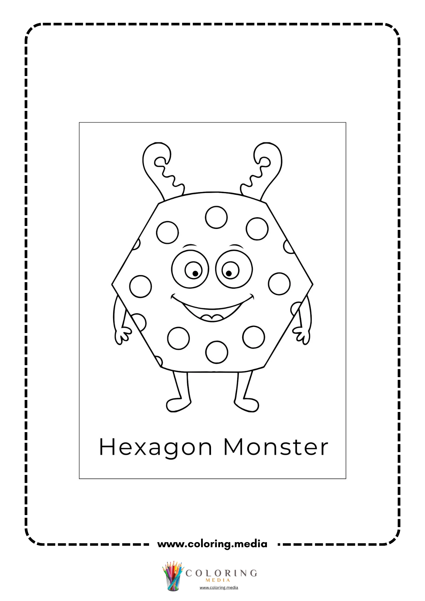 Silly shape monster coloring page with pyramid shape monster and silly smile