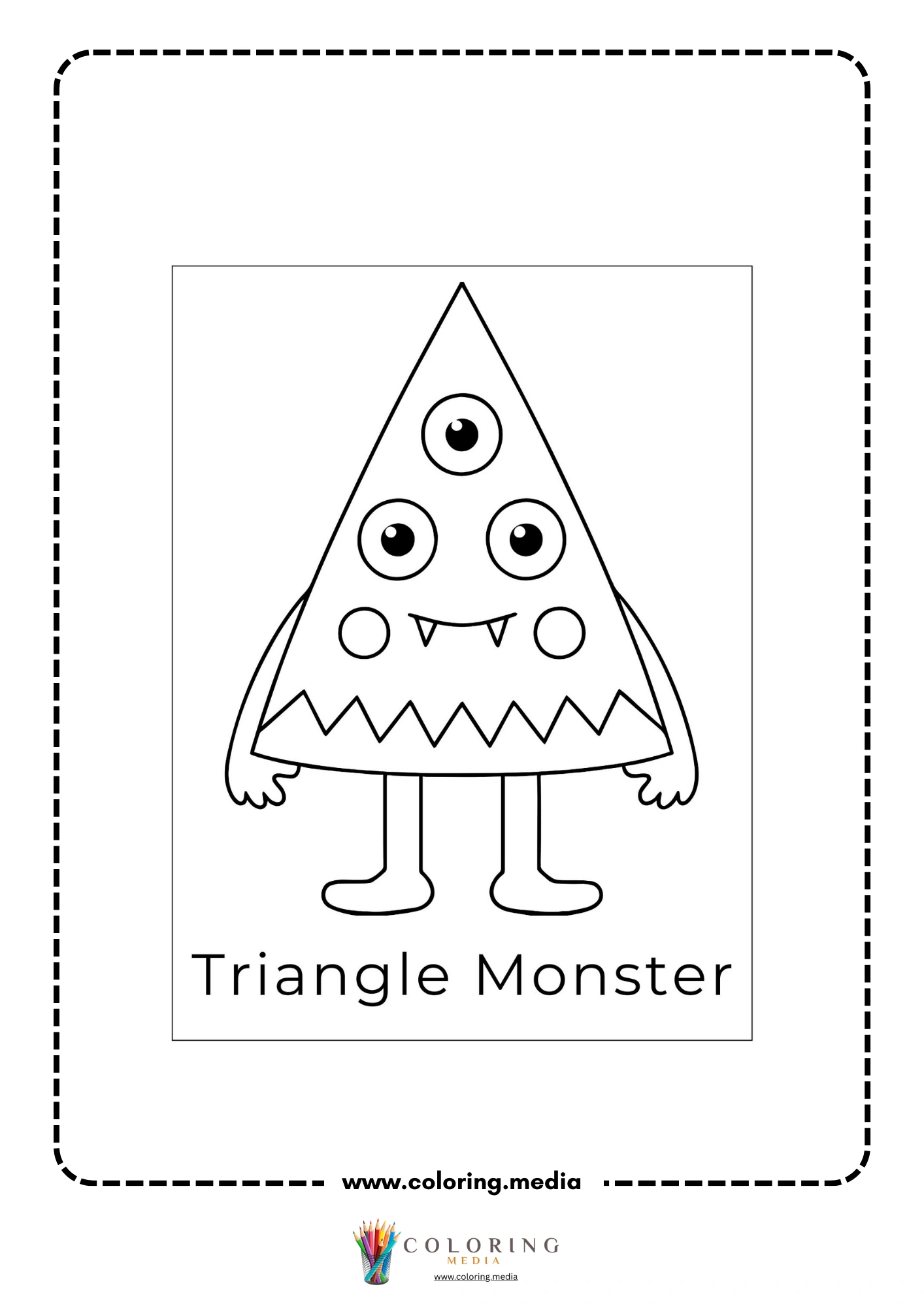 Silly shape monster coloring page with prism shape monster and cartoon hands