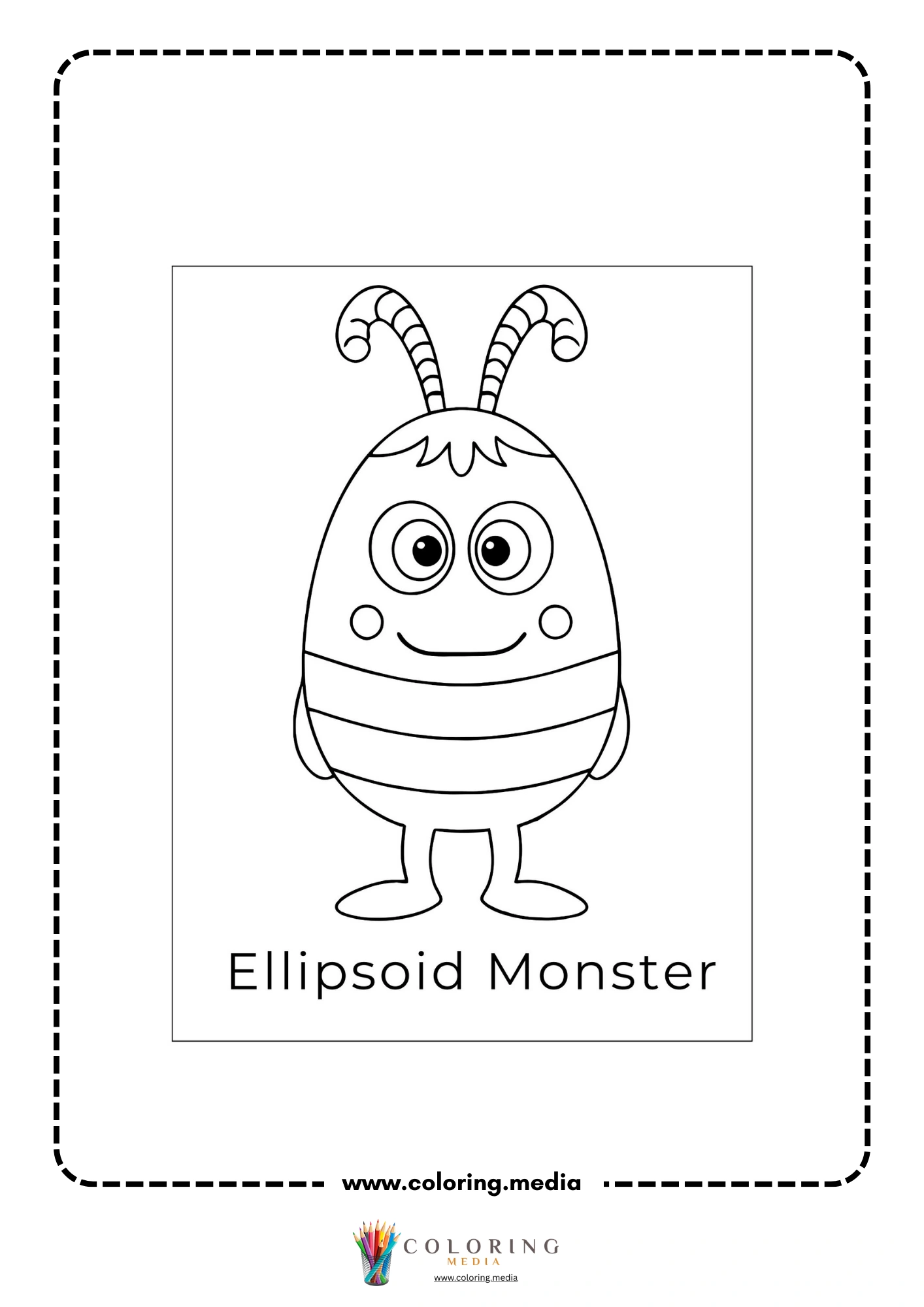 Silly shape monster coloring page with striped ellipsoid monster and antennae