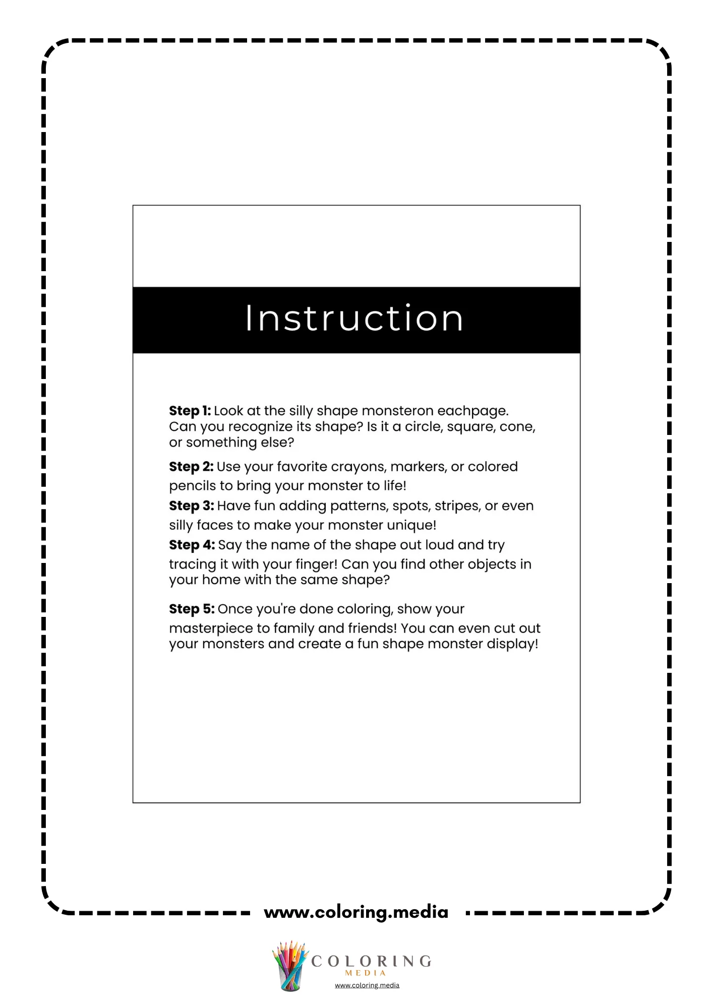 Silly shape monster coloring page with labeled geometry monster character