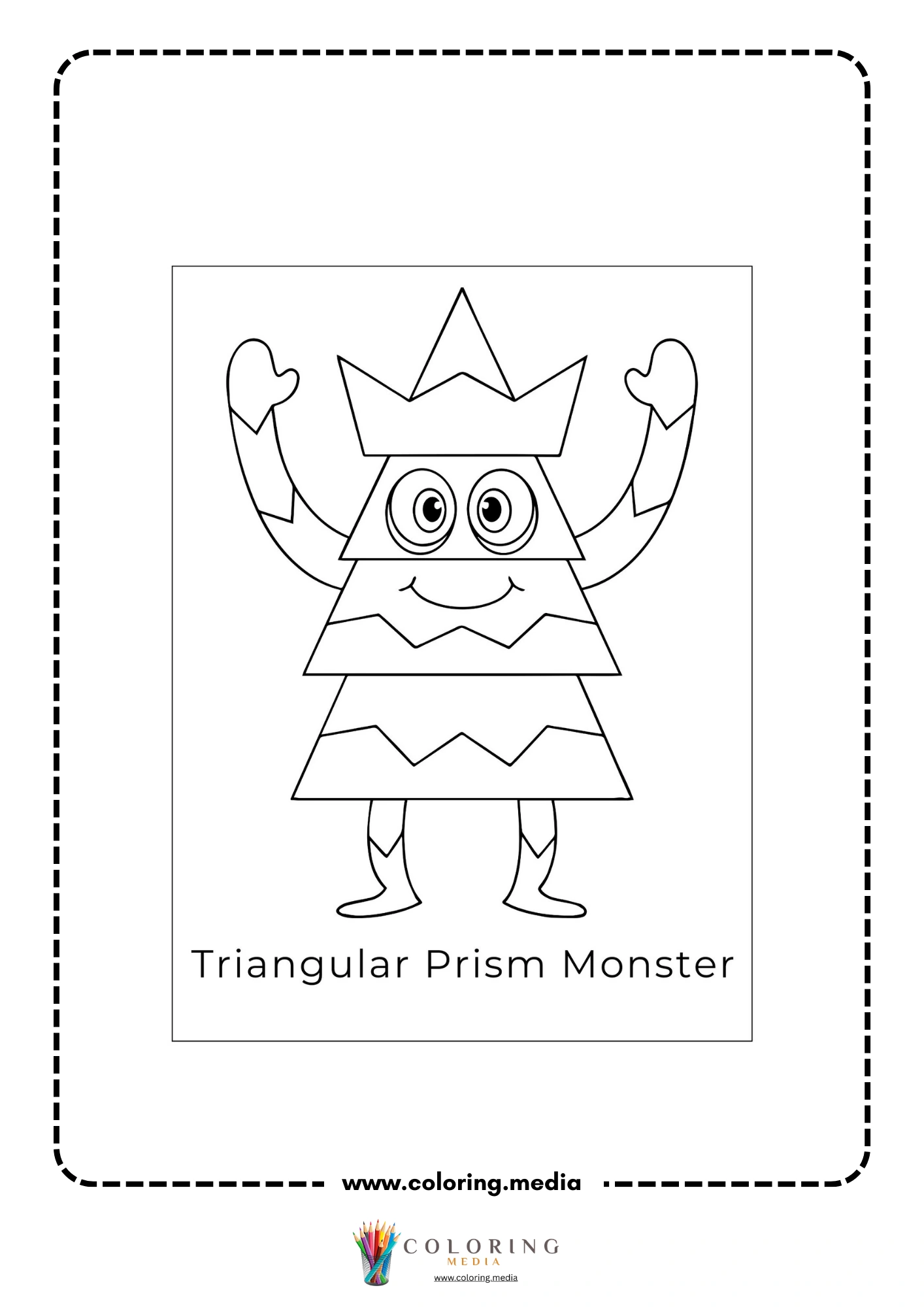 Silly shape monster coloring page with triangular prism monster and crown