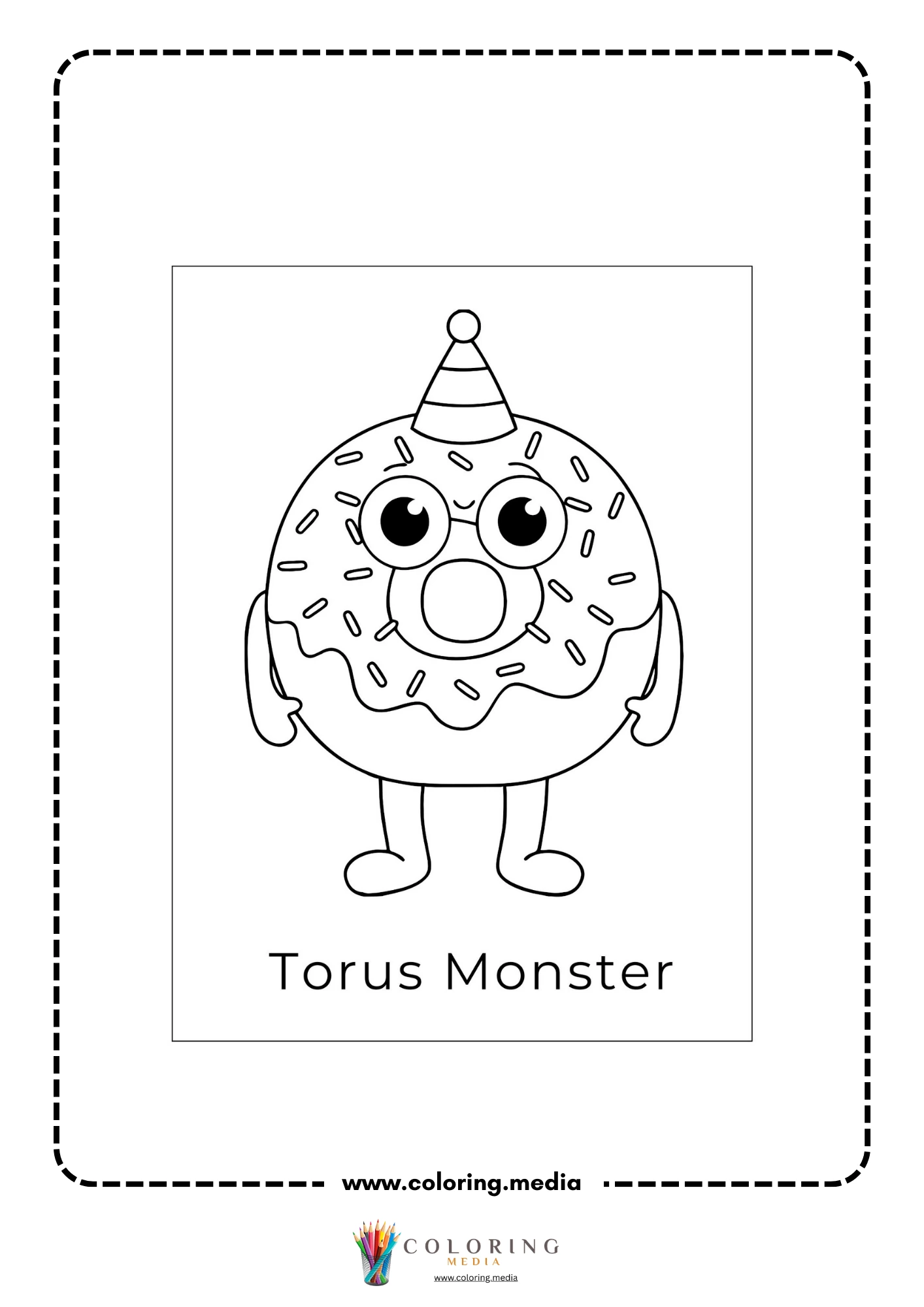 Silly shape monster coloring page with torus monster wearing a party hat