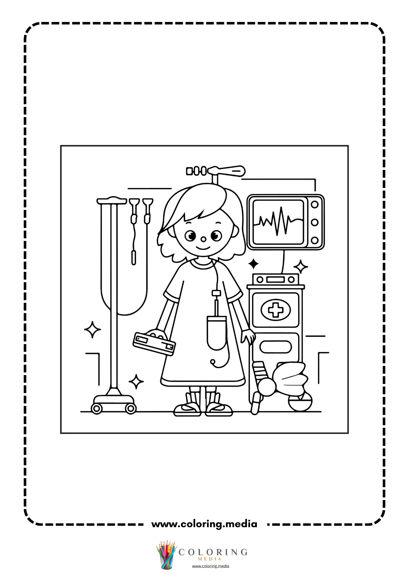 Medical coloring page with patient beside heart monitor and IV stand
