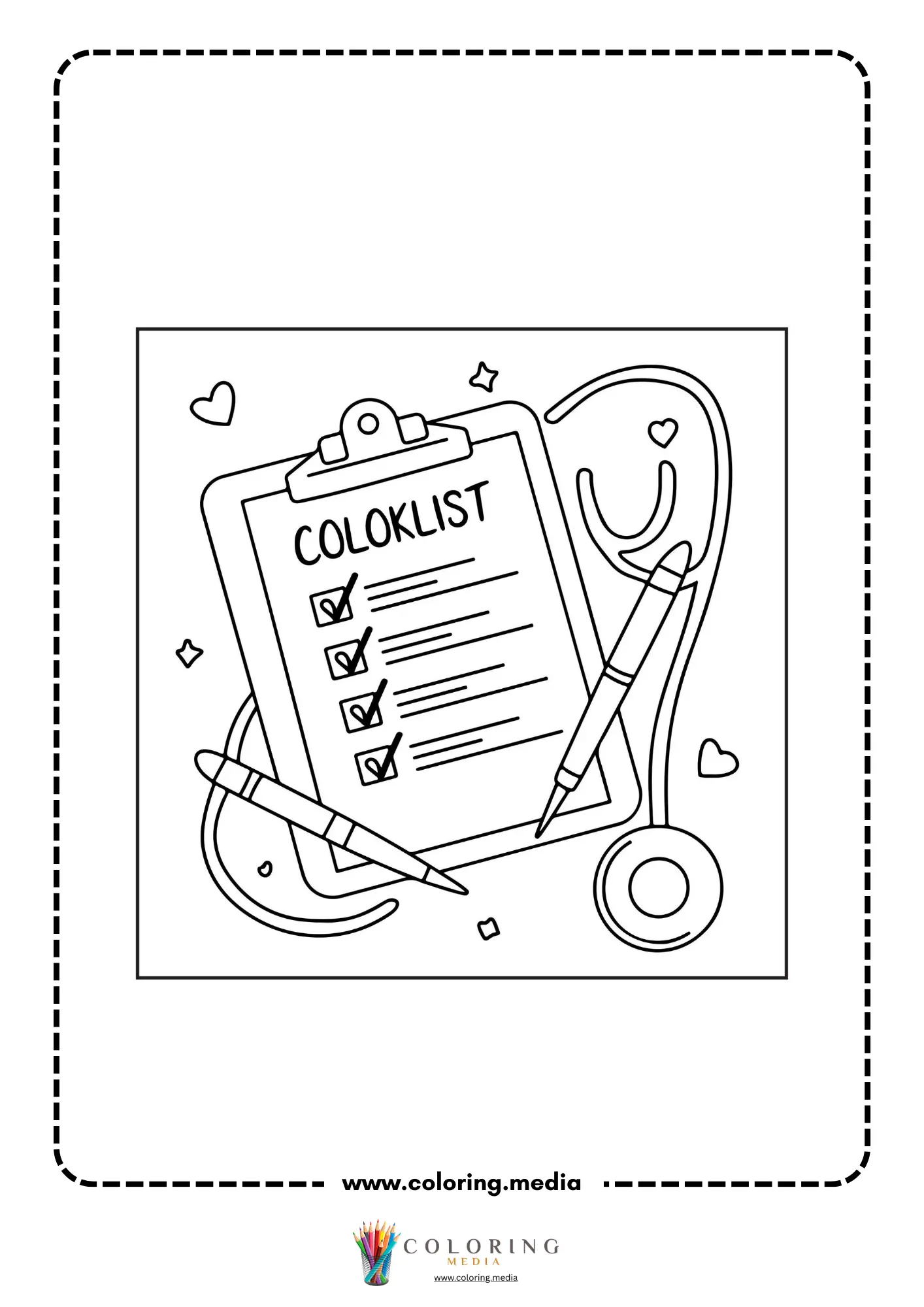 Medical coloring page with friendly doctor and stethoscope