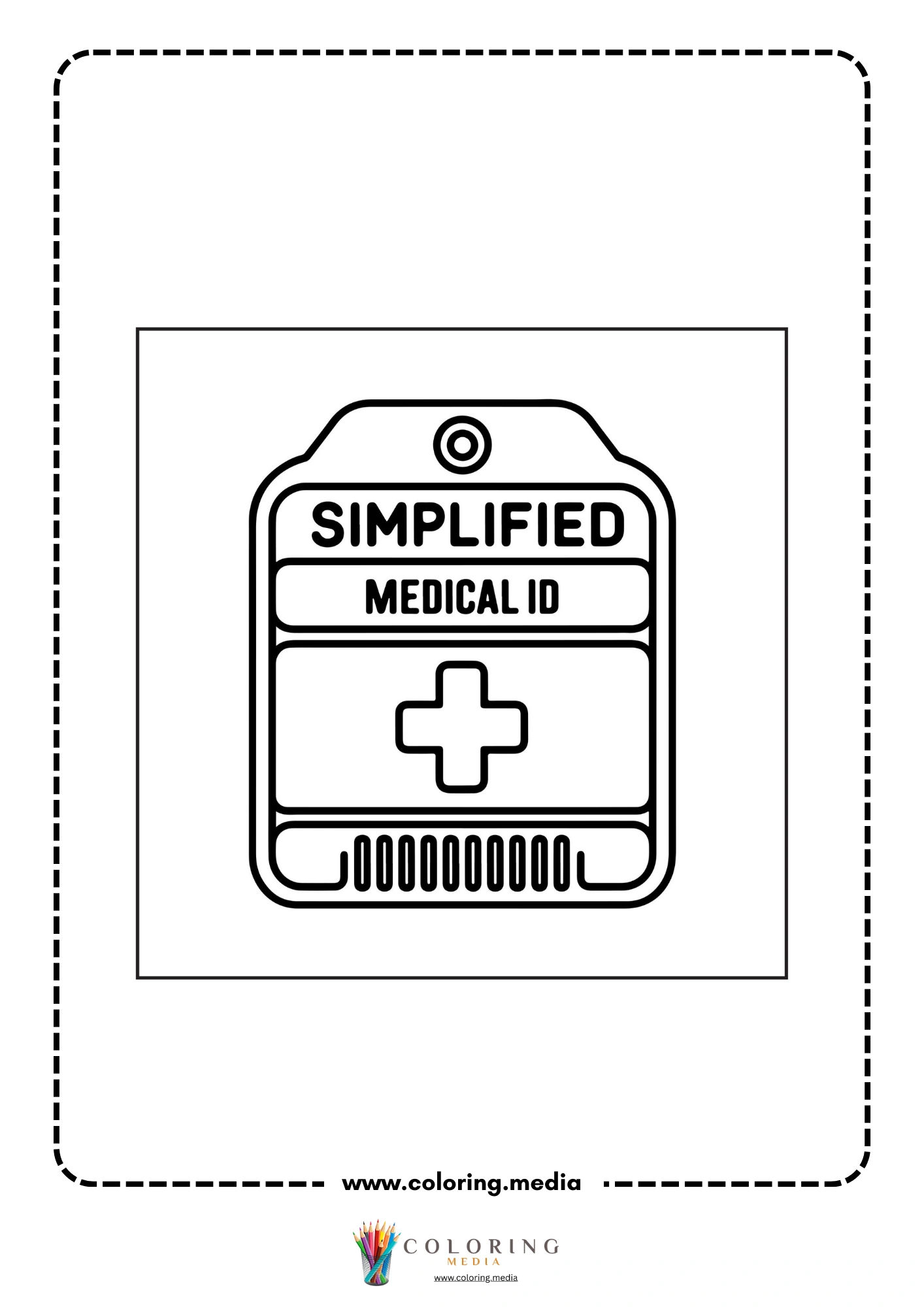 Medical coloring page with heartbeat line and medical screen
