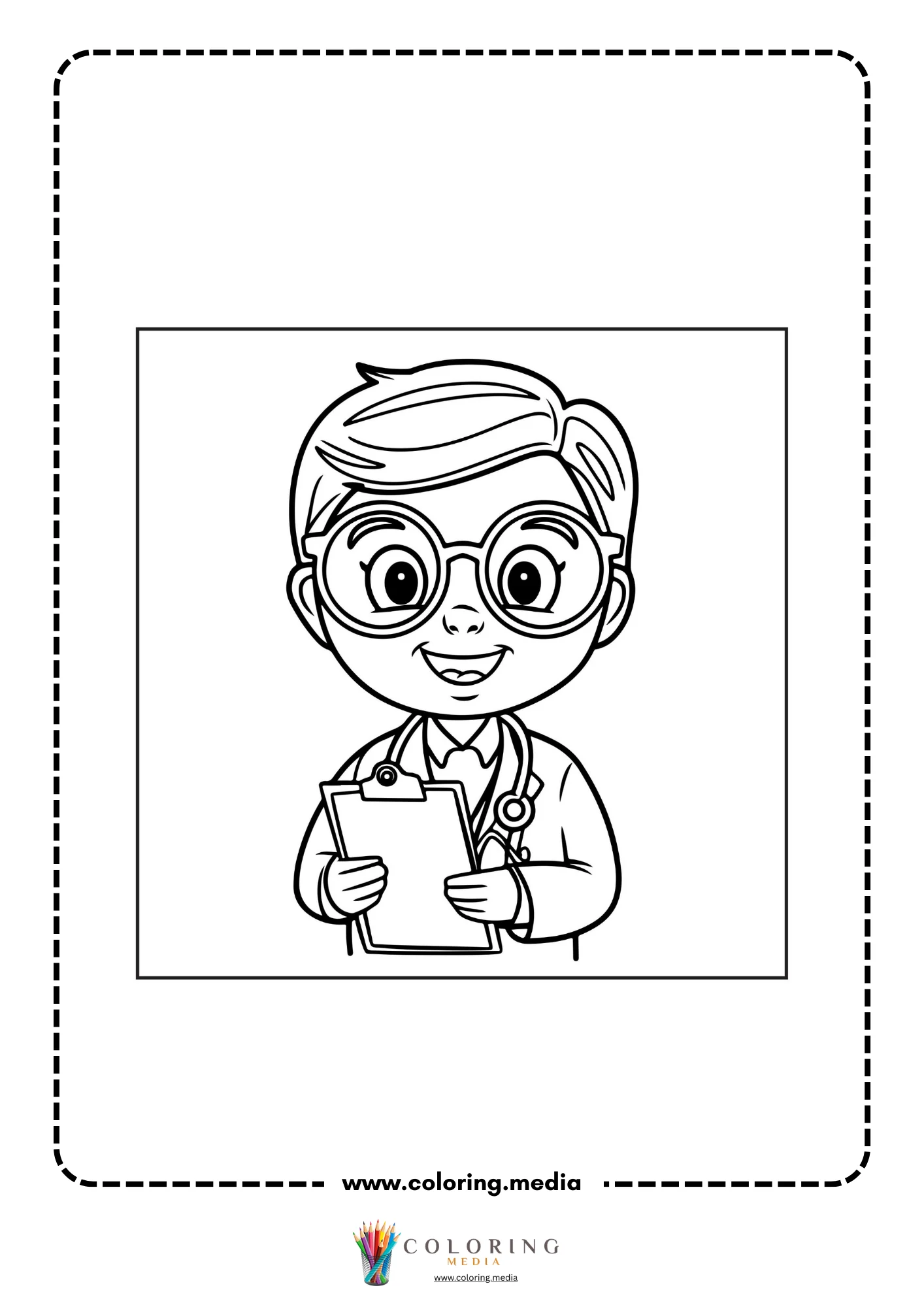 Medical coloring page with healthcare worker at desk