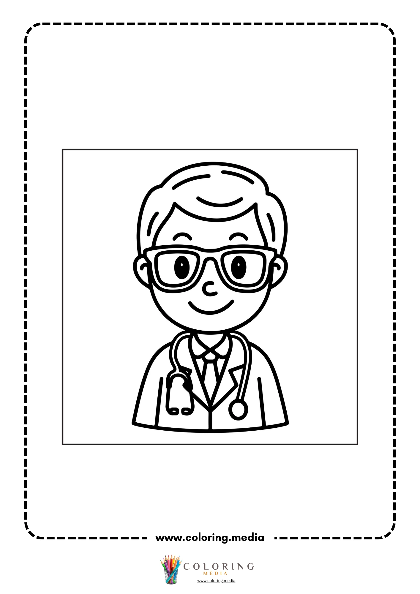 Medical coloring page with ambulance worker and emergency gear