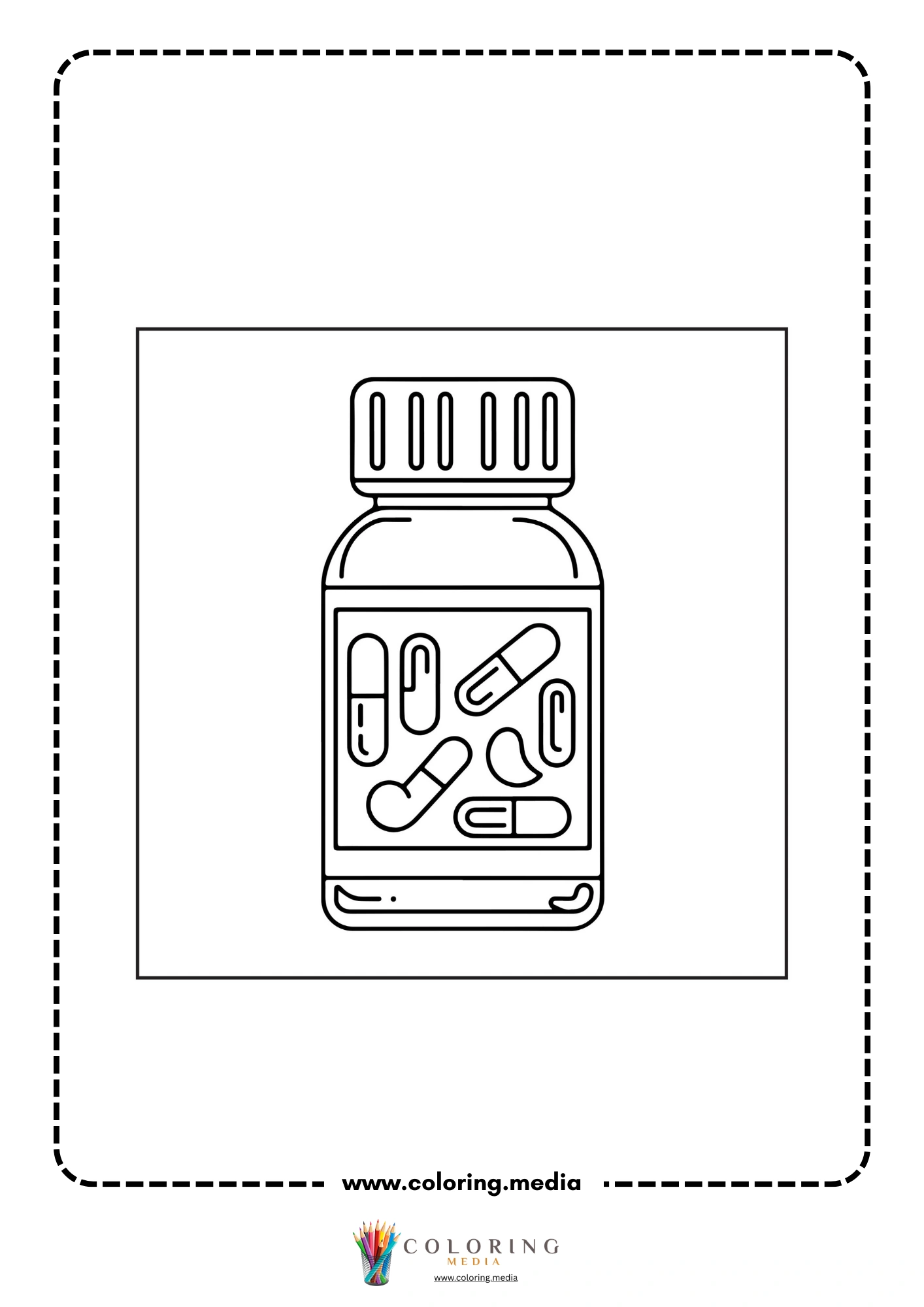 Medical coloring page with pills and prescription sheet