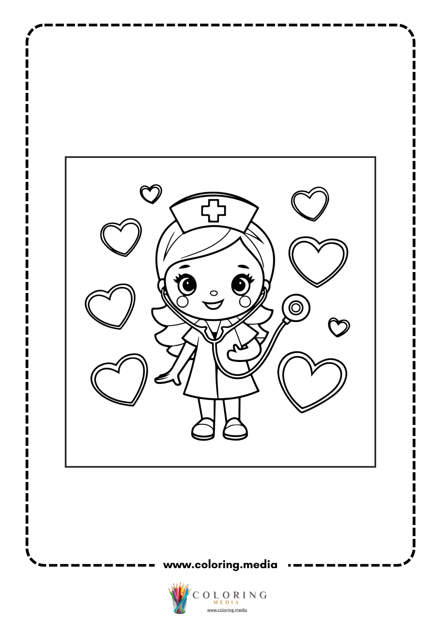 Medical coloring page with healthcare symbols and clipboard