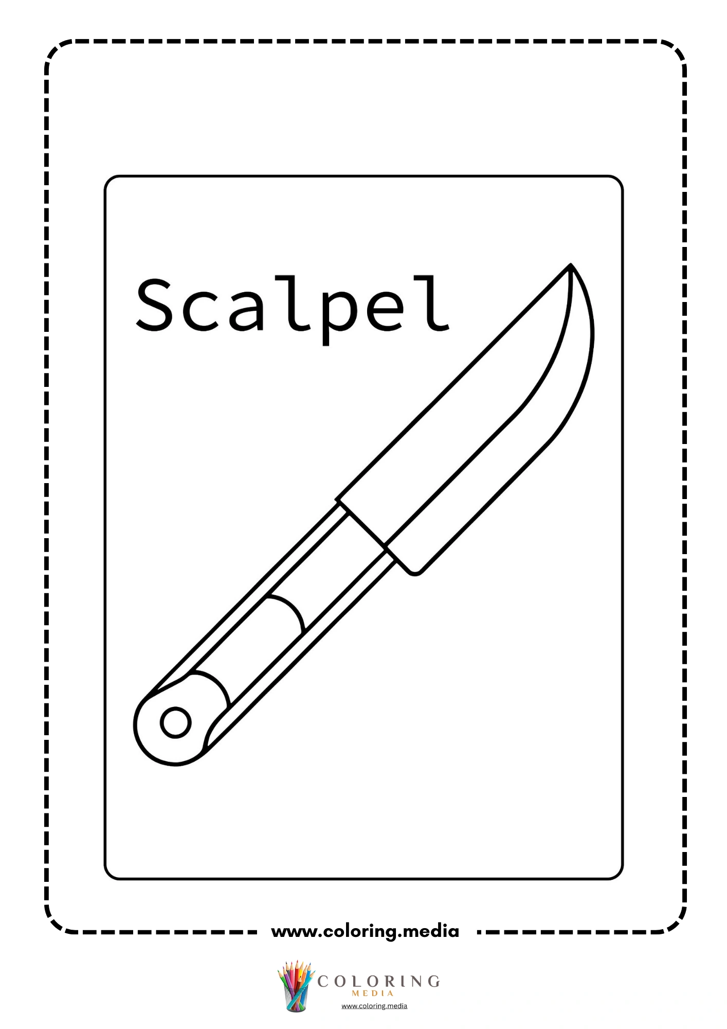 Medical instrument coloring page with labeled scalpel