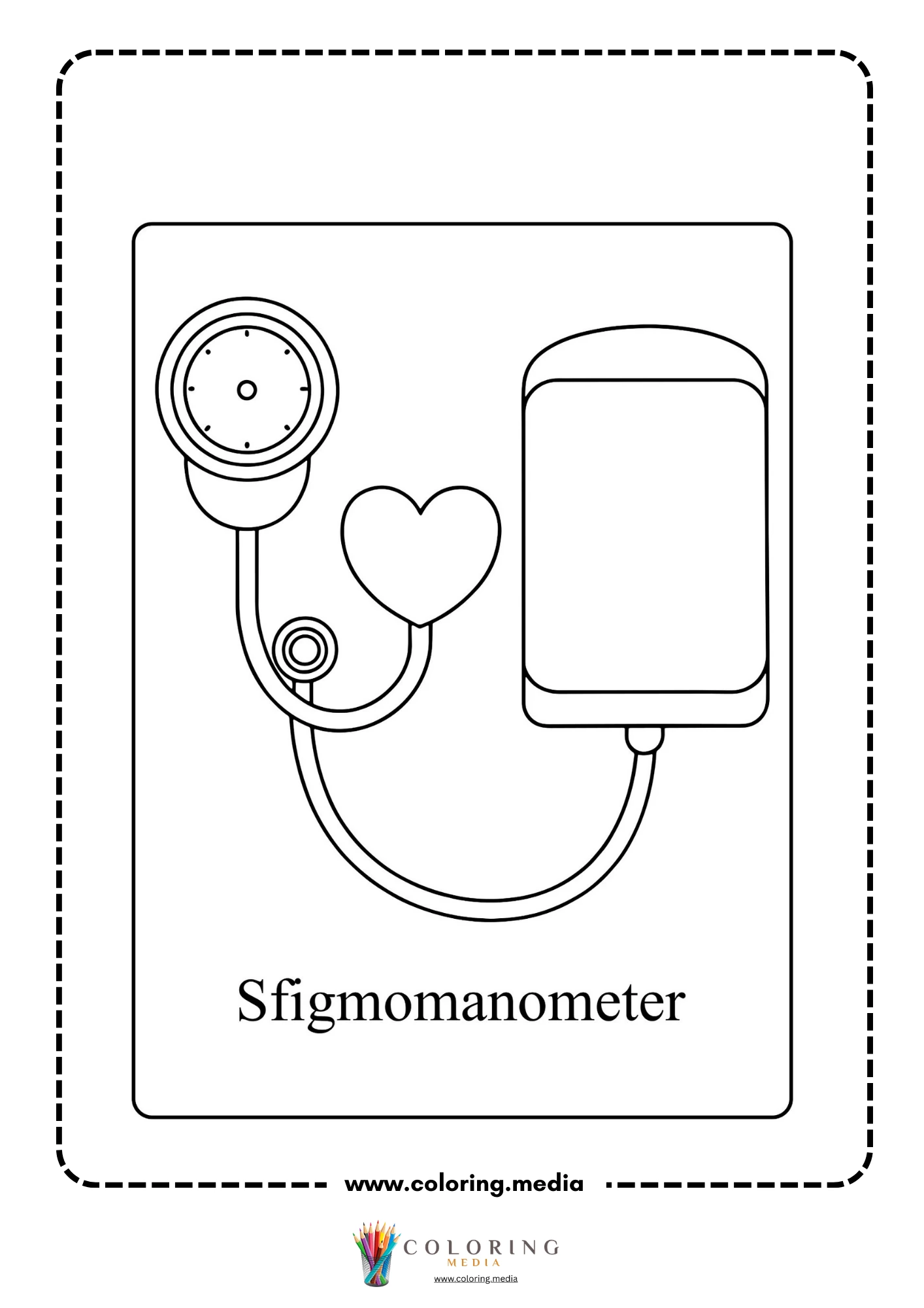 Medical instrument coloring page with stethoscope and clipboard