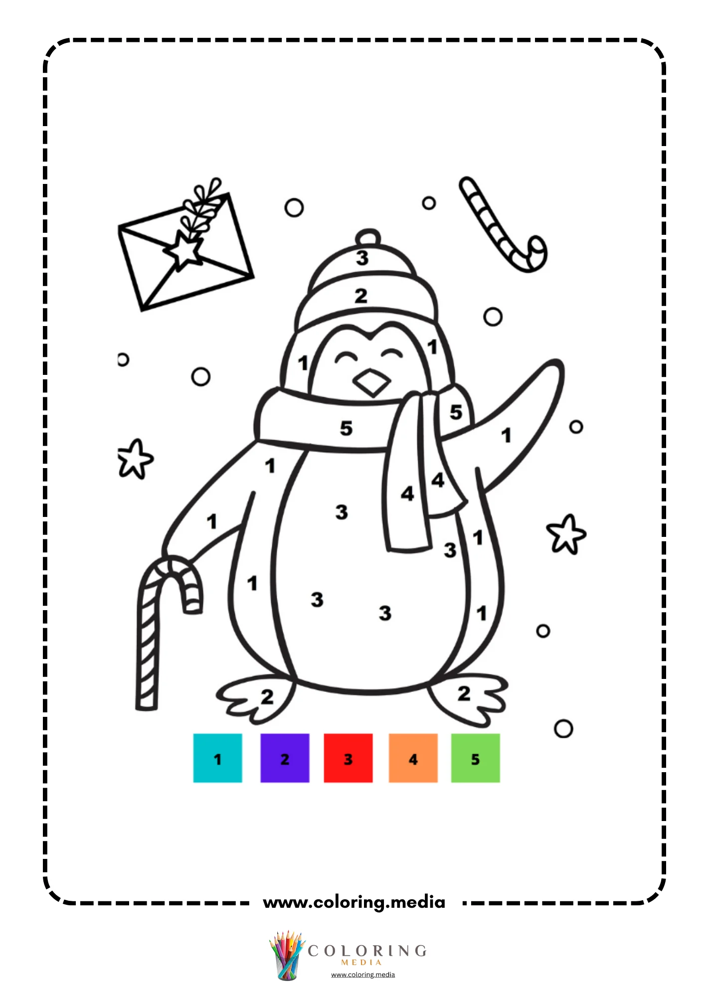 Color by number Christmas penguin in hat holding candy cane with snowflakes
