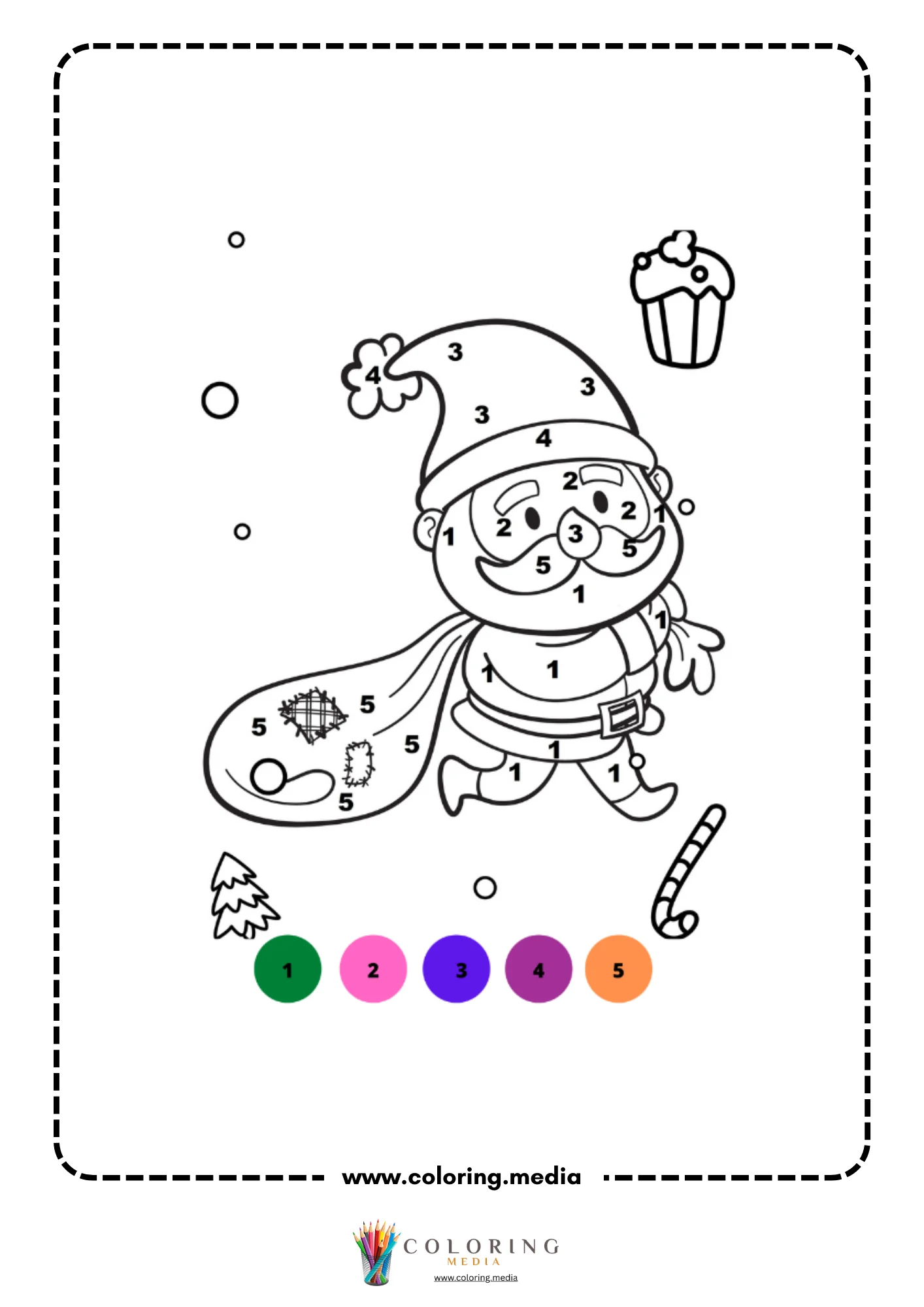 Color by number Santa Claus walking with gift sack over shoulder