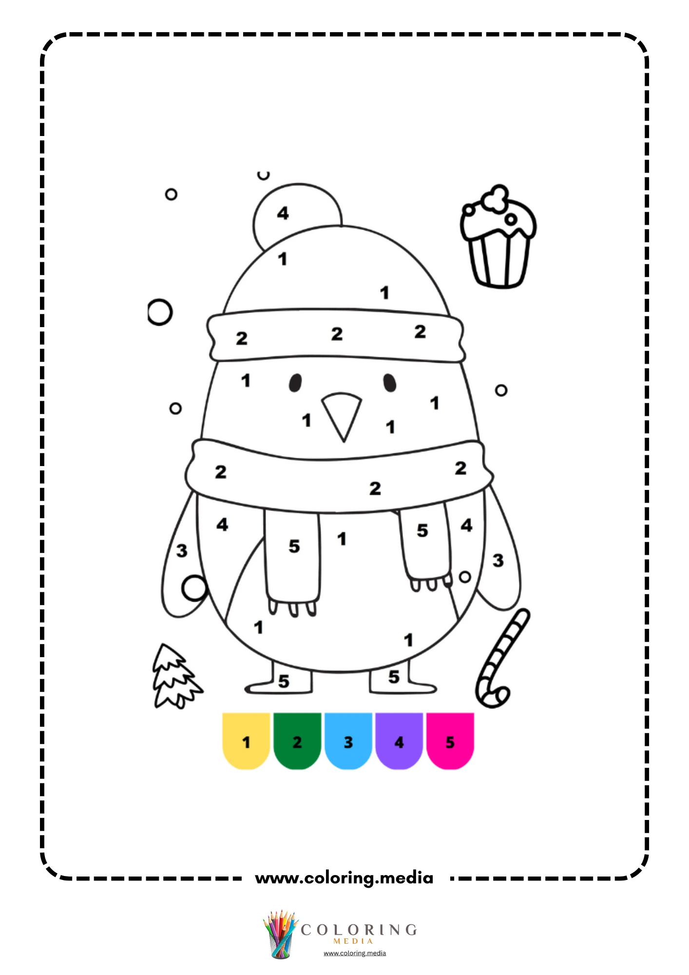 Color by number cute round bird in winter hat and scarf
