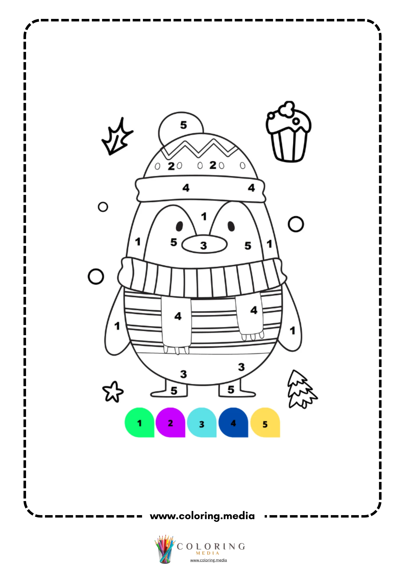 Color by number chubby penguin in patterned hat and striped scarf