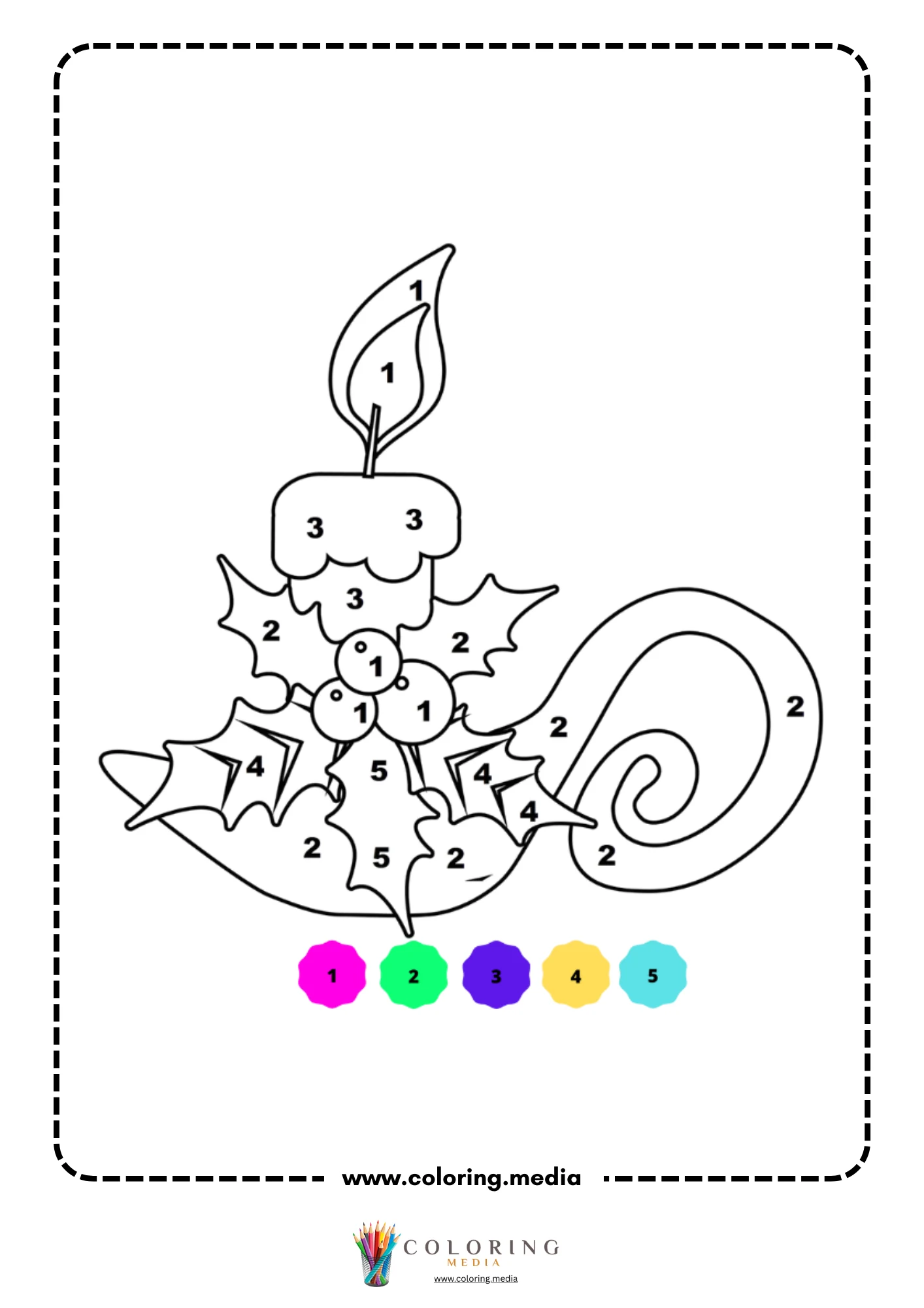 Color by number Christmas candle with holly leaves berries and curling ribbon