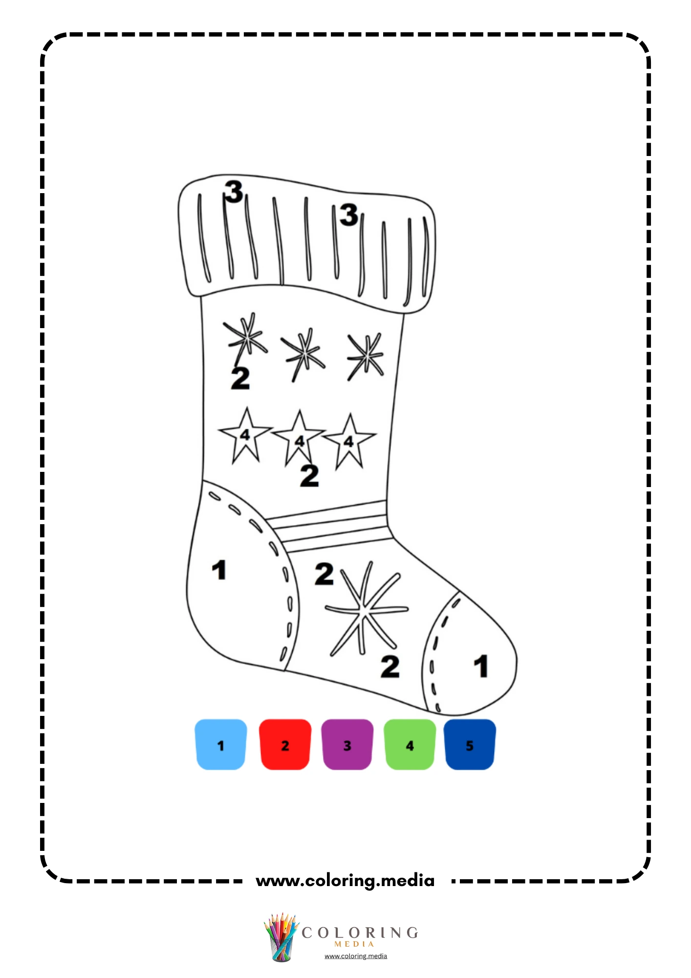 Color by number Christmas stocking decorated with snowflakes and stars